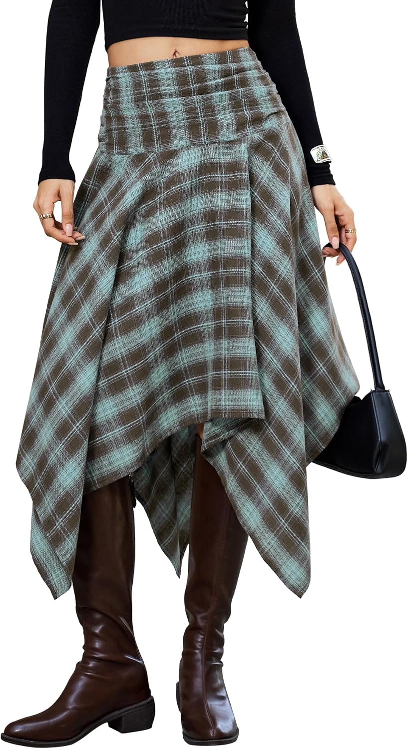 Women Asymmetrical Plaid Midi Skirt Y2k Handkerchief Fall Skirt | High Waist Long Flowy Skirt Vintage Western outfits for Concert.Festival.Casual