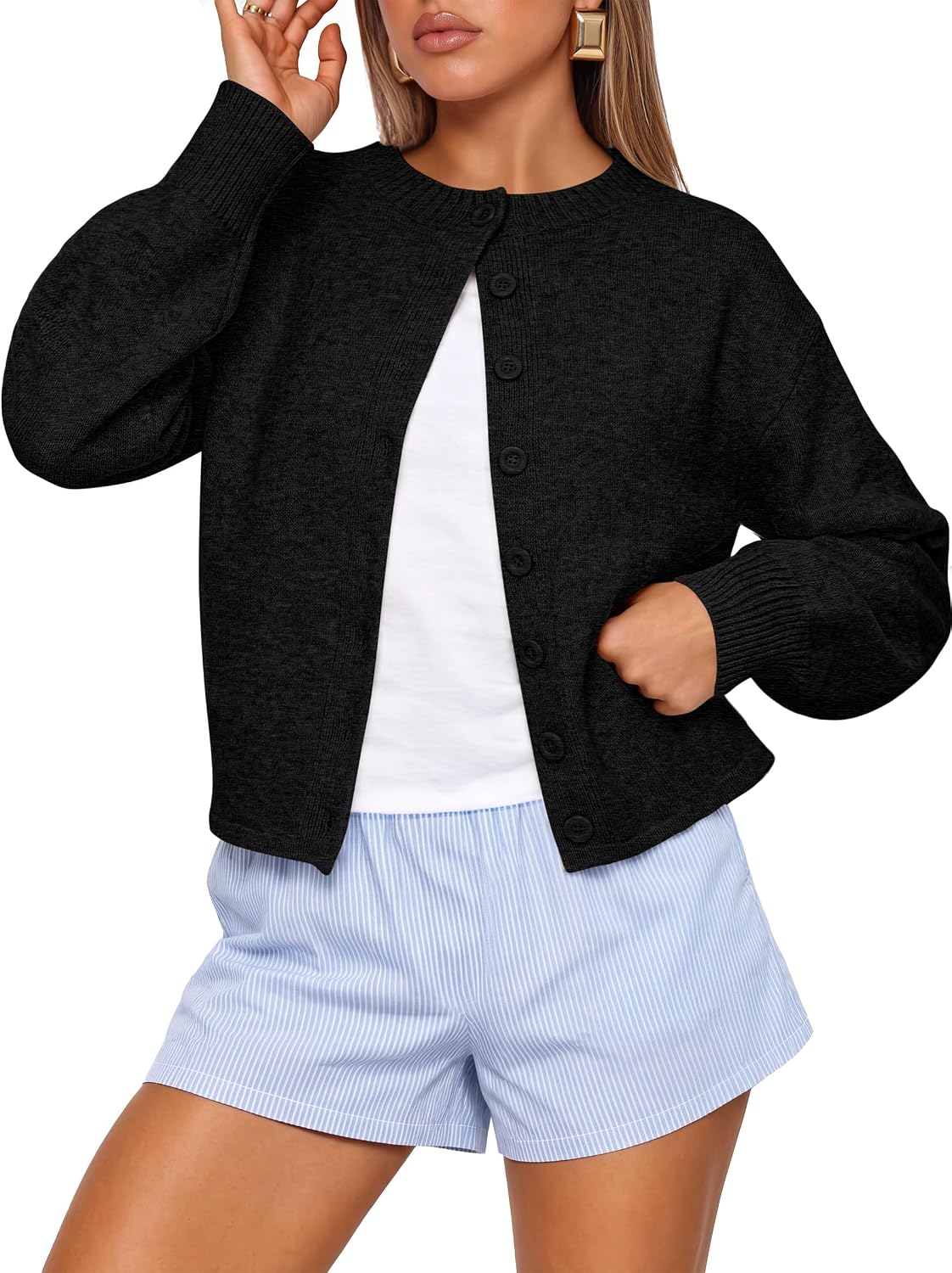 Women Loose Fit Button Down Puff Sleeve | Waist Length.Mid-Weight.Soft Cozy Knit Sweater.Long Sleeve Button Up Fall Outfits.Casual Relaxed Fit.