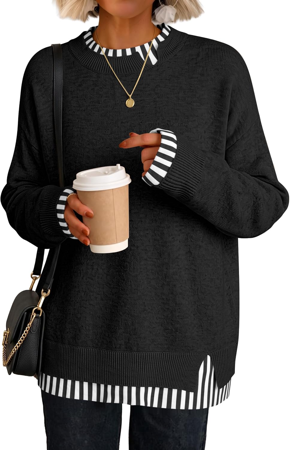 Cozy Knit Teacher School Outfits for Women.Faux Layered Ribbed Trim.Long Sleeve Drop Shoulder