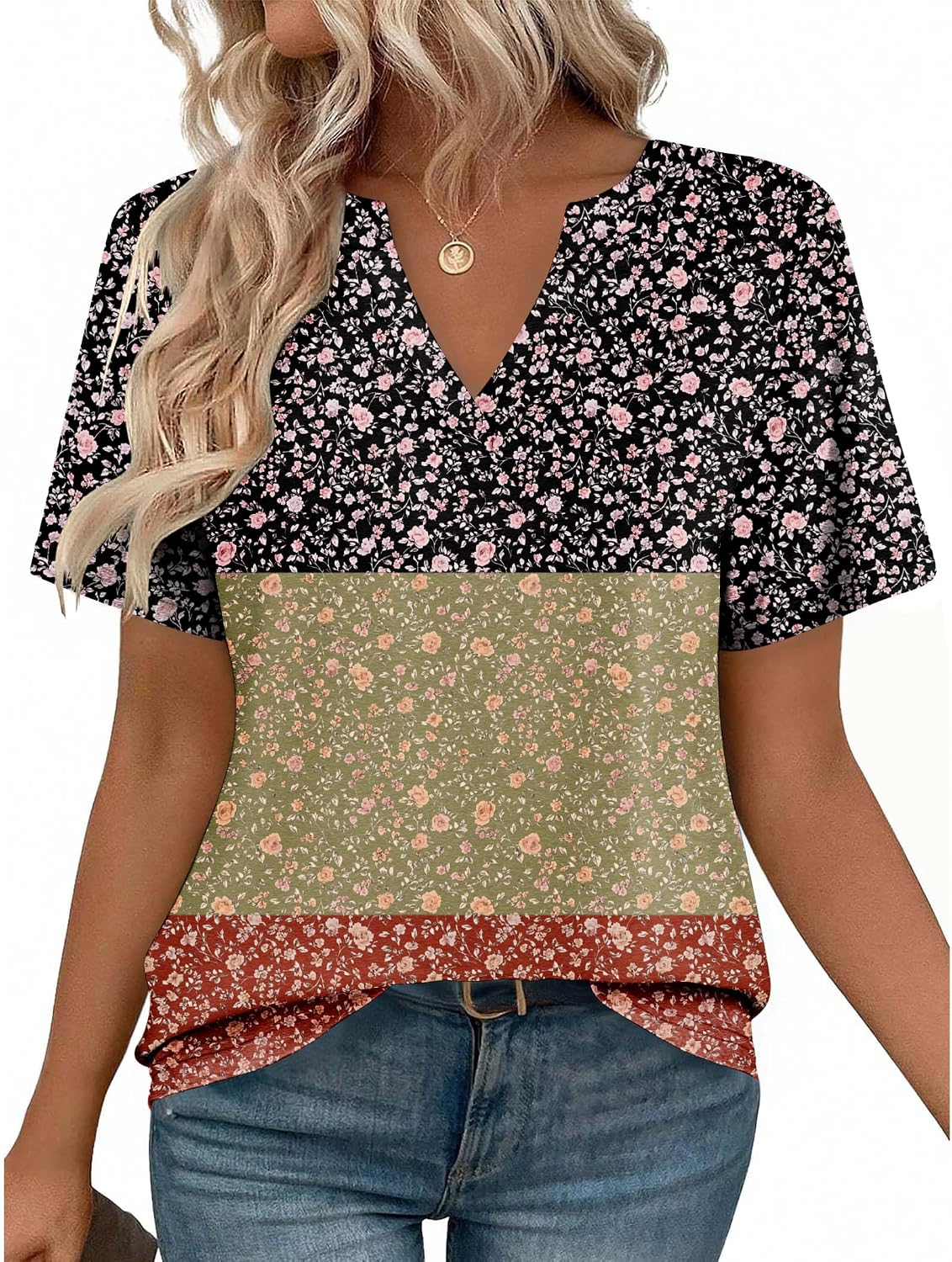 Women V Neck Cute Rolled Short Sleeve Shirts Boho
