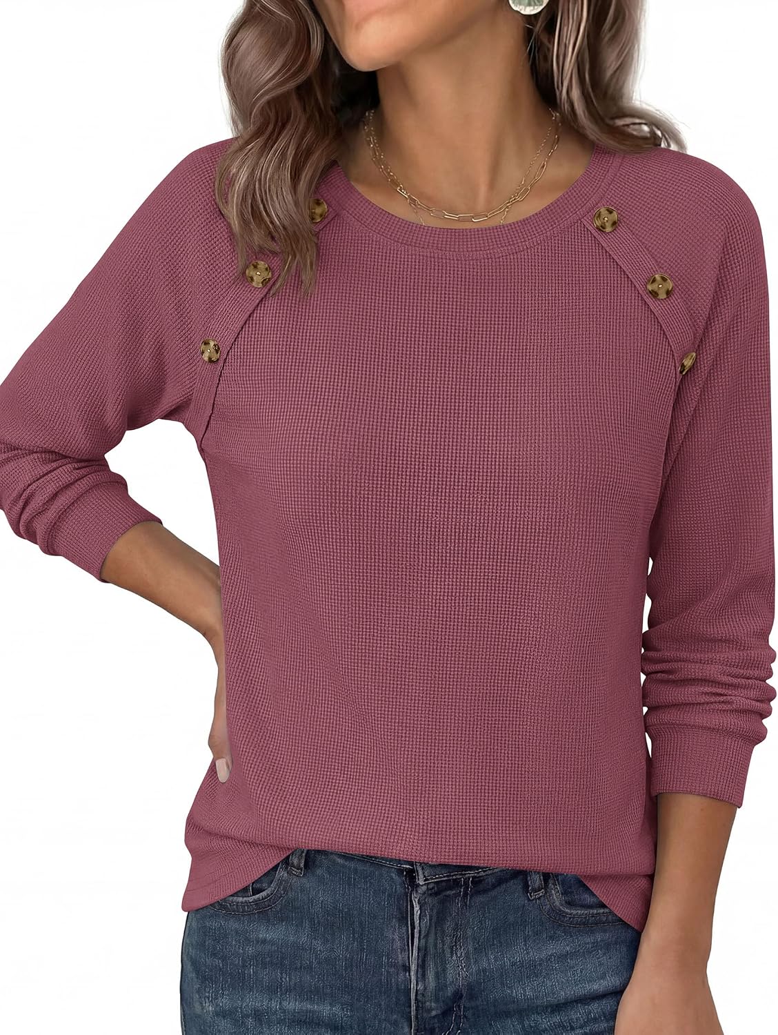 Soft Stretchy Tops. Casual Crew Neck. Raglan Sleeves with Deco Buttons. Loose Fit Tunics.