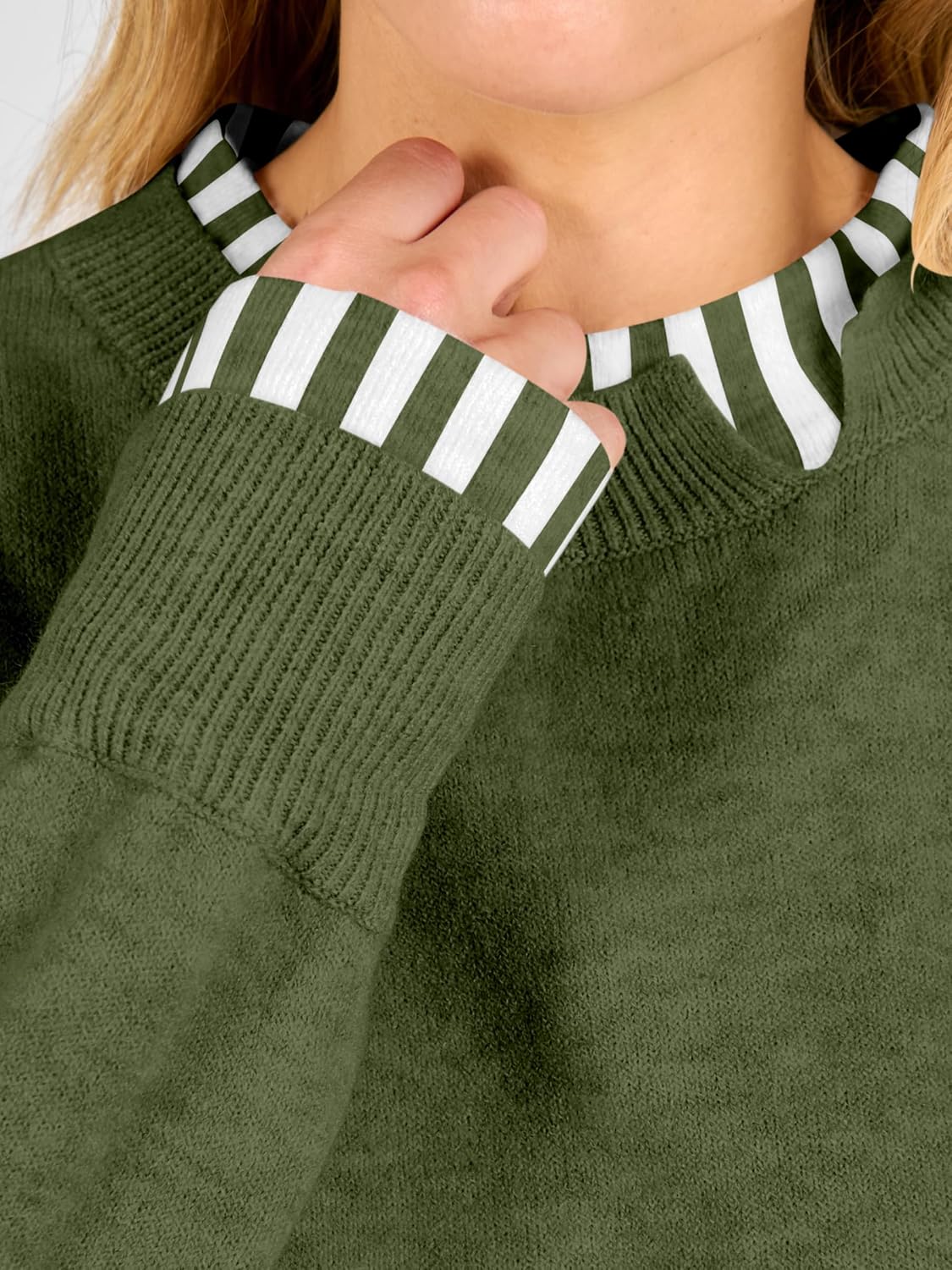 Cozy Knit Teacher School Outfits for Women.Faux Layered Ribbed Trim.Long Sleeve Drop Shoulder