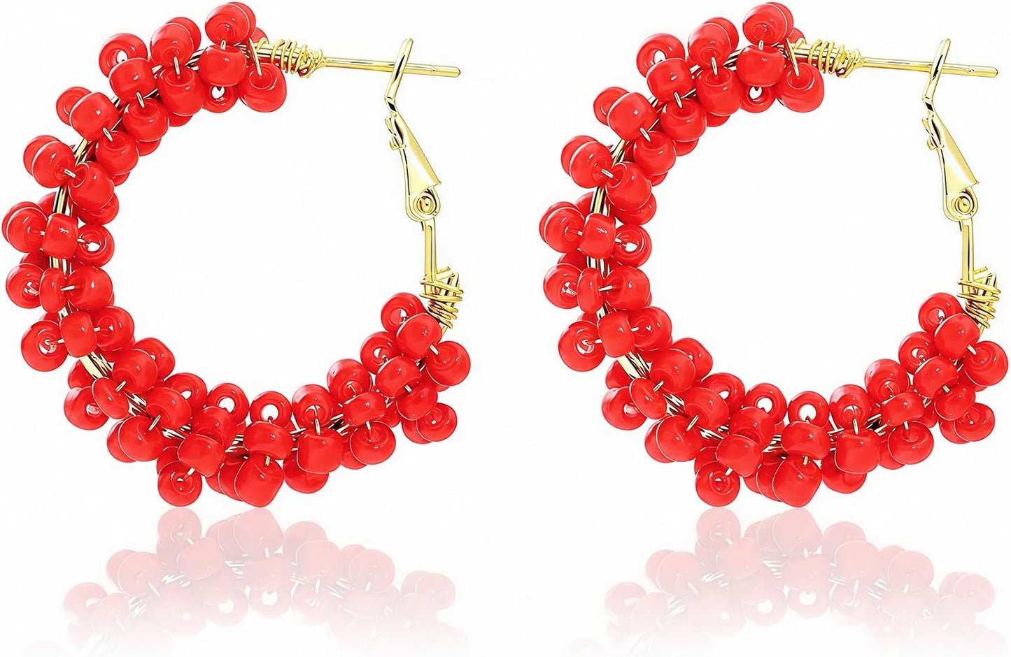 Colorful Beaded Hoop Earrings for Women. Handmade Style Boho Jewelry (Orange)