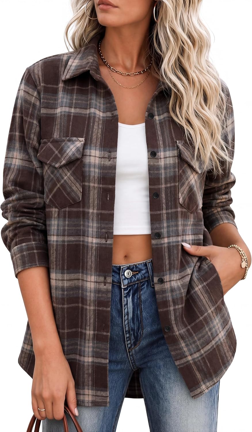 Women's Flannel Shirts Plaid Shacket Cotton Fall Tops with Pockets | Cotton Blend Plaid Material Loose Baggy Shacket Shirt Design 90s Vintage Style Festival Looks