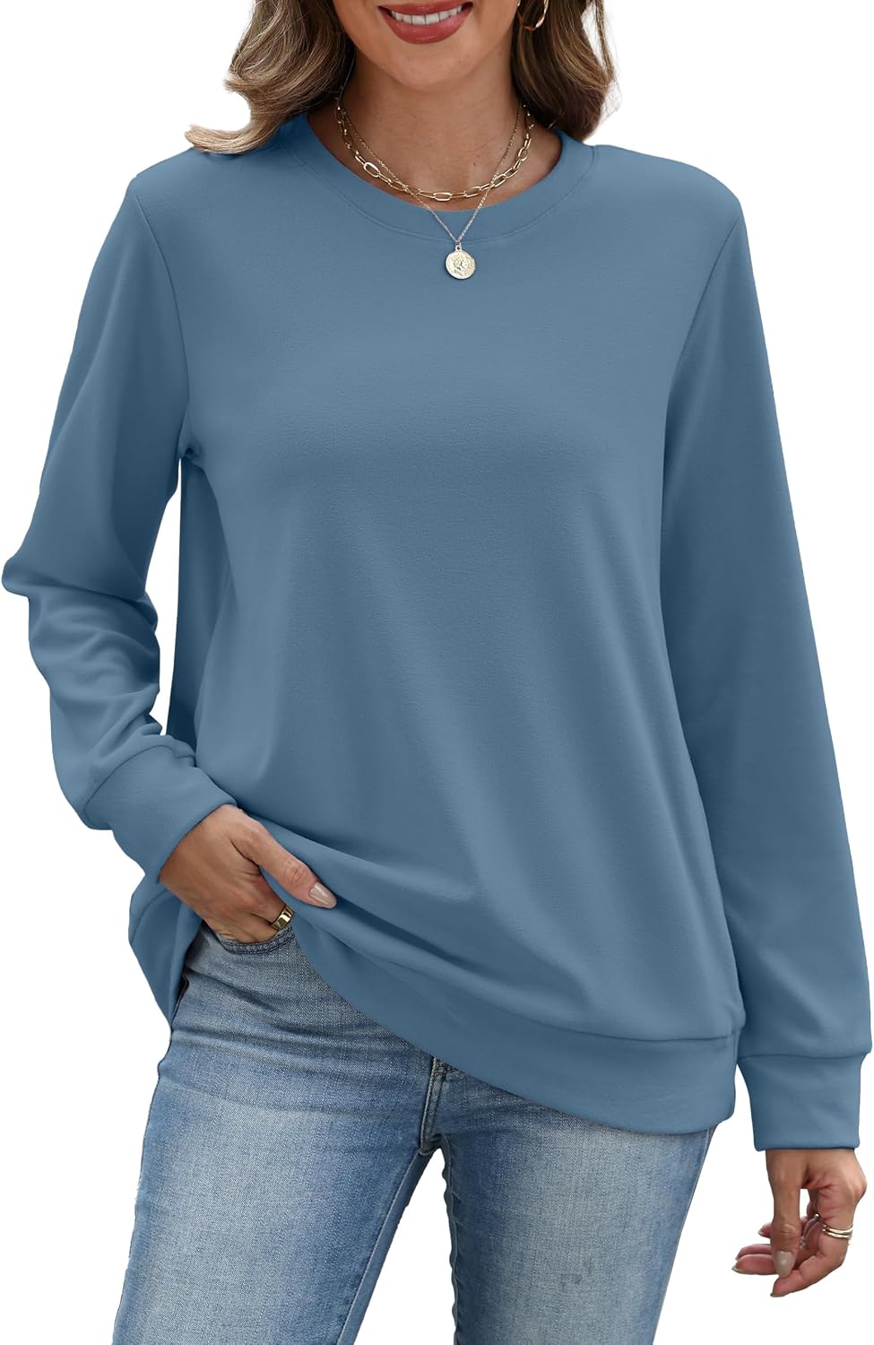Sweatshirt for Women Plain Long Sleeve Top with Pocket | Ladies Crew Neck Casual Sweaters Outfits