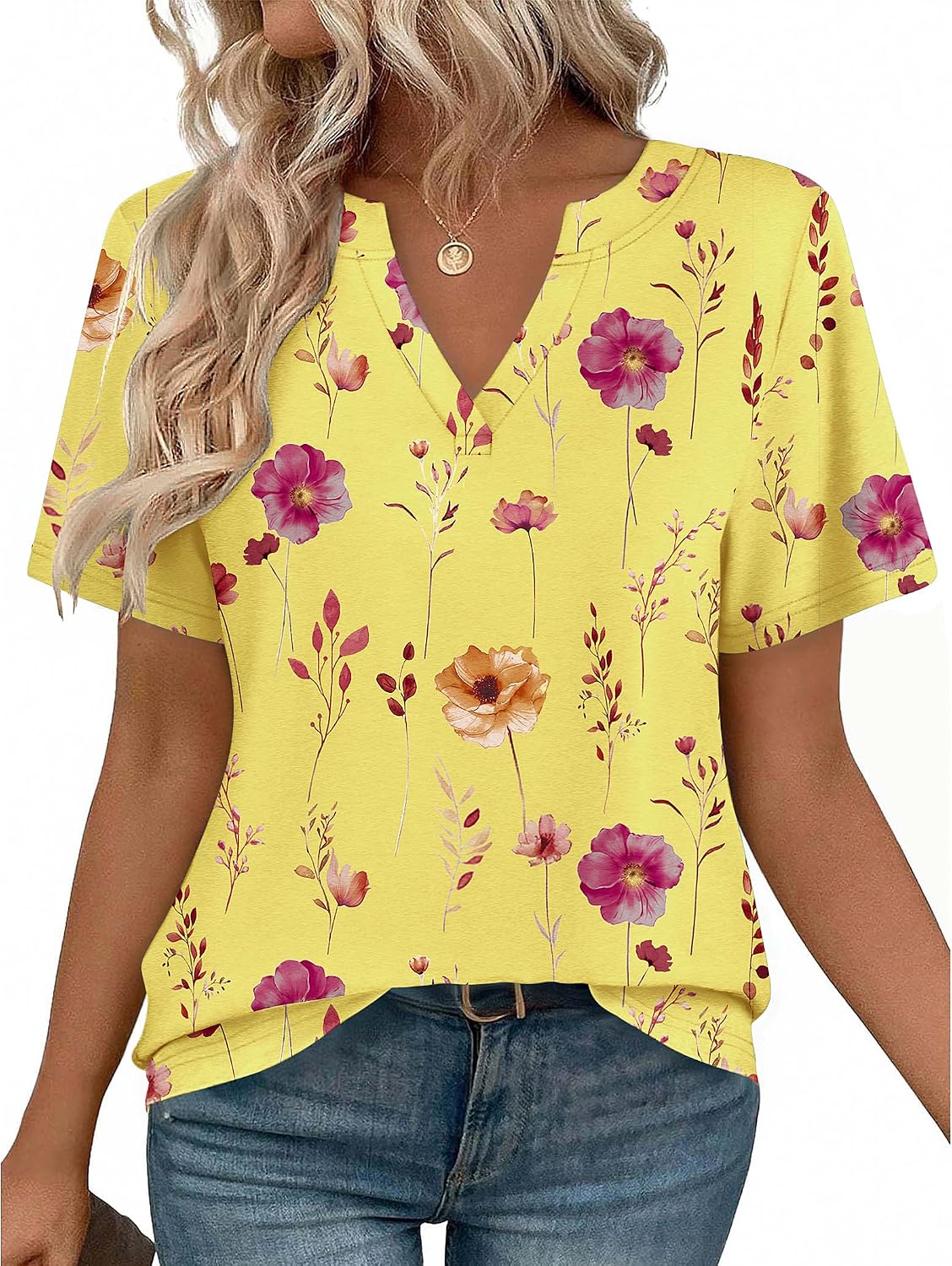 Women V Neck Cute Rolled Short Sleeve Shirts Boho