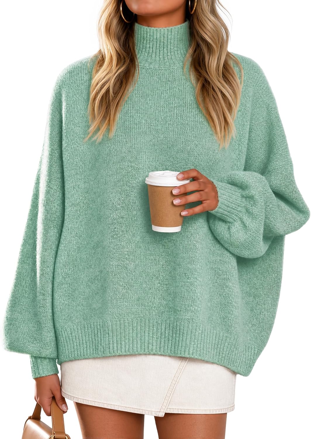 Women's Fall Winter Long Sleeve Turtleneck Oversized Sweaters Coffee | Work Casual Sweater. Lantern Sleeve.