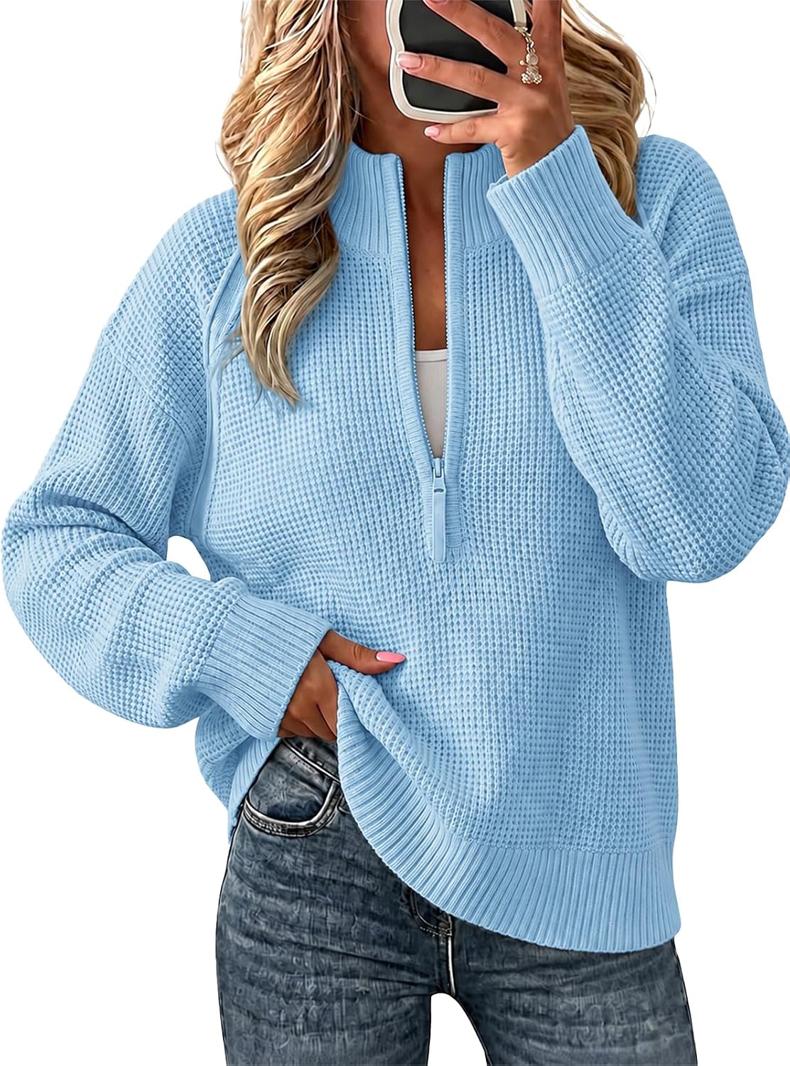 Womens Quarter Zip Pullover Sweaters Waffle Knit Long Sleeve Tops | Thumb Hole. Collared. Half Zip. Casual. Ribbed Sweatshirts. Loose Fit. V-neck.
