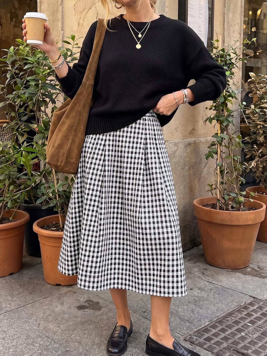 Gingham Skirt Women Midi Length A Line High Waist Skirts | Black White Plaid. Trendy Flowy Skirt with Pocket. Pleated Skirts for Wedding Vacation. Business Casual.