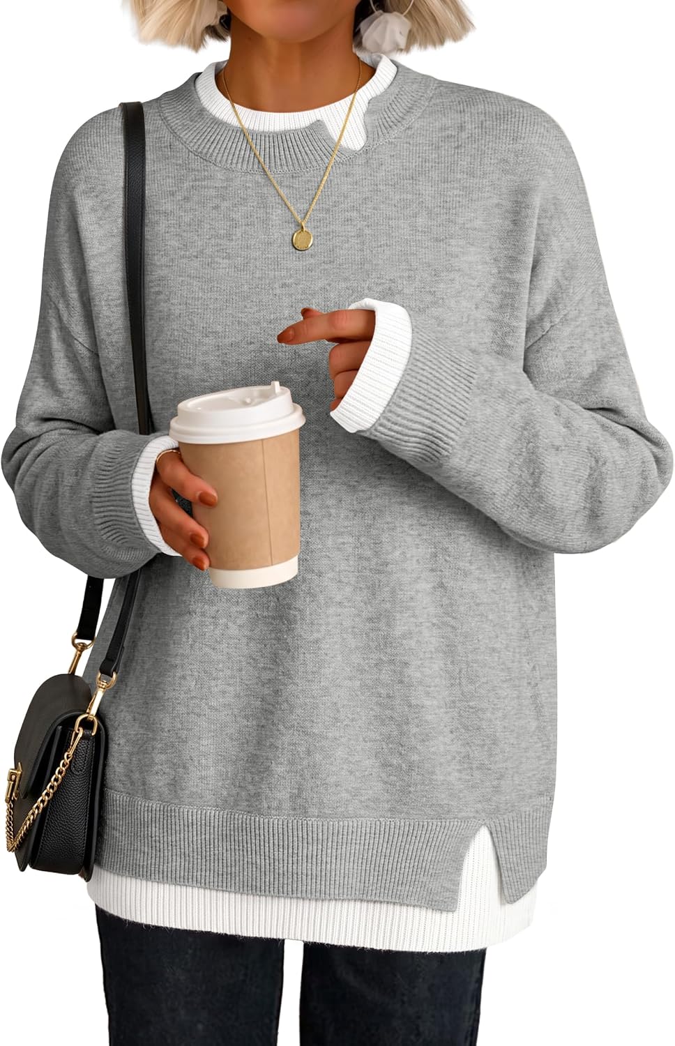 Cozy Knit Teacher School Outfits for Women.Faux Layered Ribbed Trim.Long Sleeve Drop Shoulder