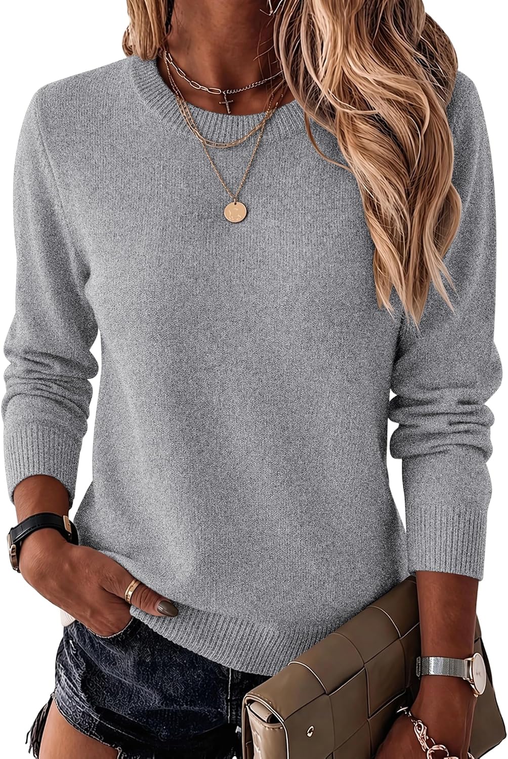 Womens Wool Blend Crewneck Sweater Long Sleeve Soft Knit Pullover Lightweight Business Casual Black Fashion Clothing