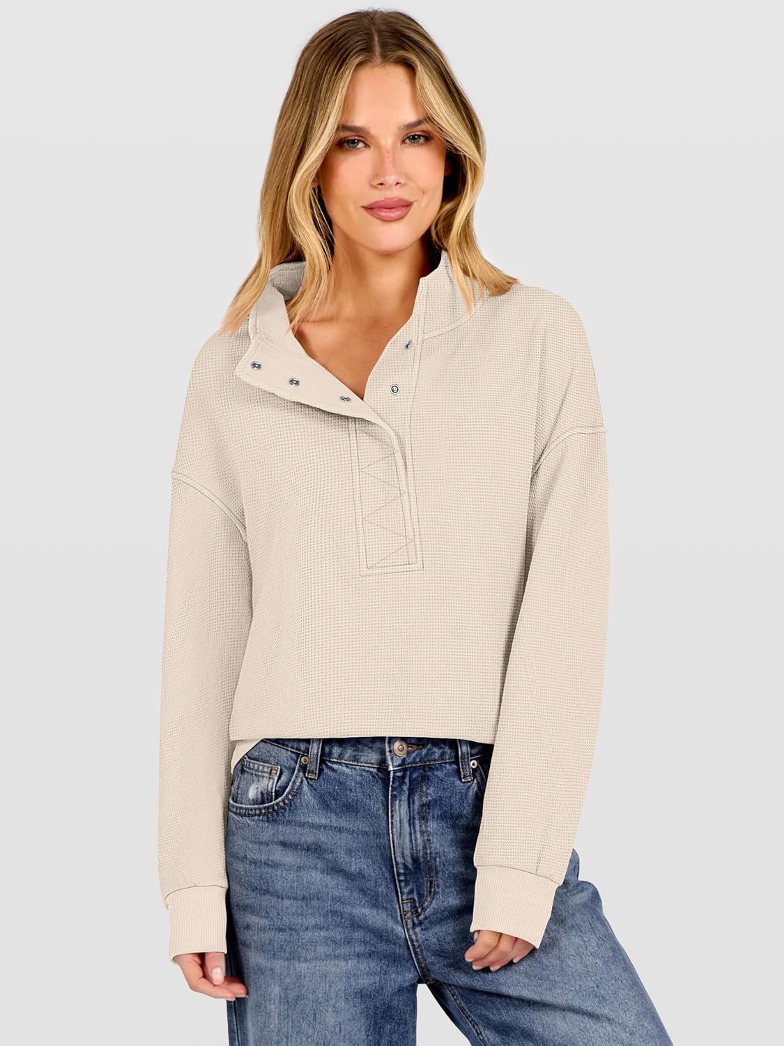 Women Waffle Knit Henley Pullover Tops Beige | Lightweight Comfy Soft Fall Outfits. Long Sleeve Loose Stand Collar Half Button.
