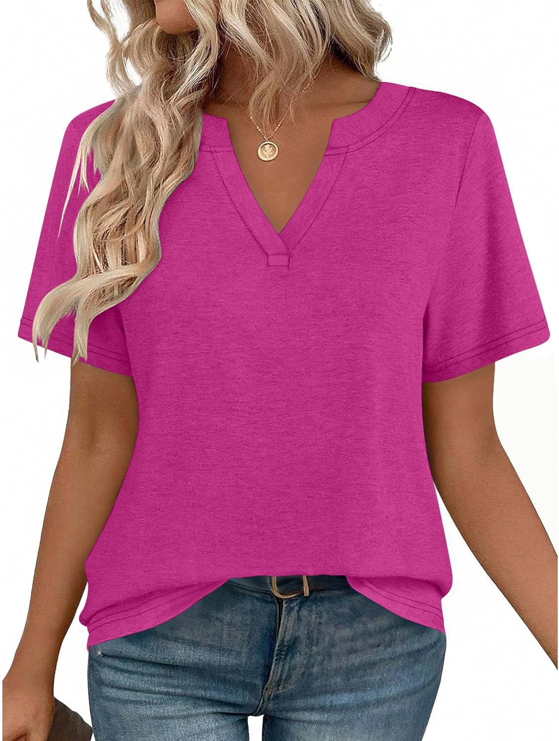 Women V Neck Cute Rolled Short Sleeve Shirts Boho