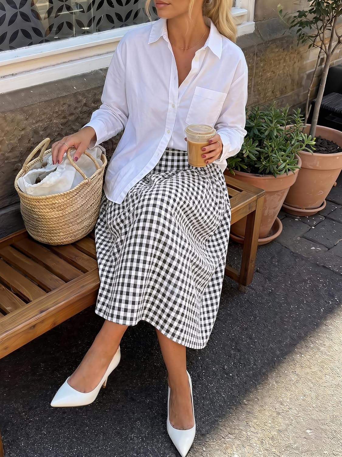Gingham Skirt Women Midi Length A Line High Waist Skirts | Black White Plaid. Trendy Flowy Skirt with Pocket. Pleated Skirts for Wedding Vacation. Business Casual.