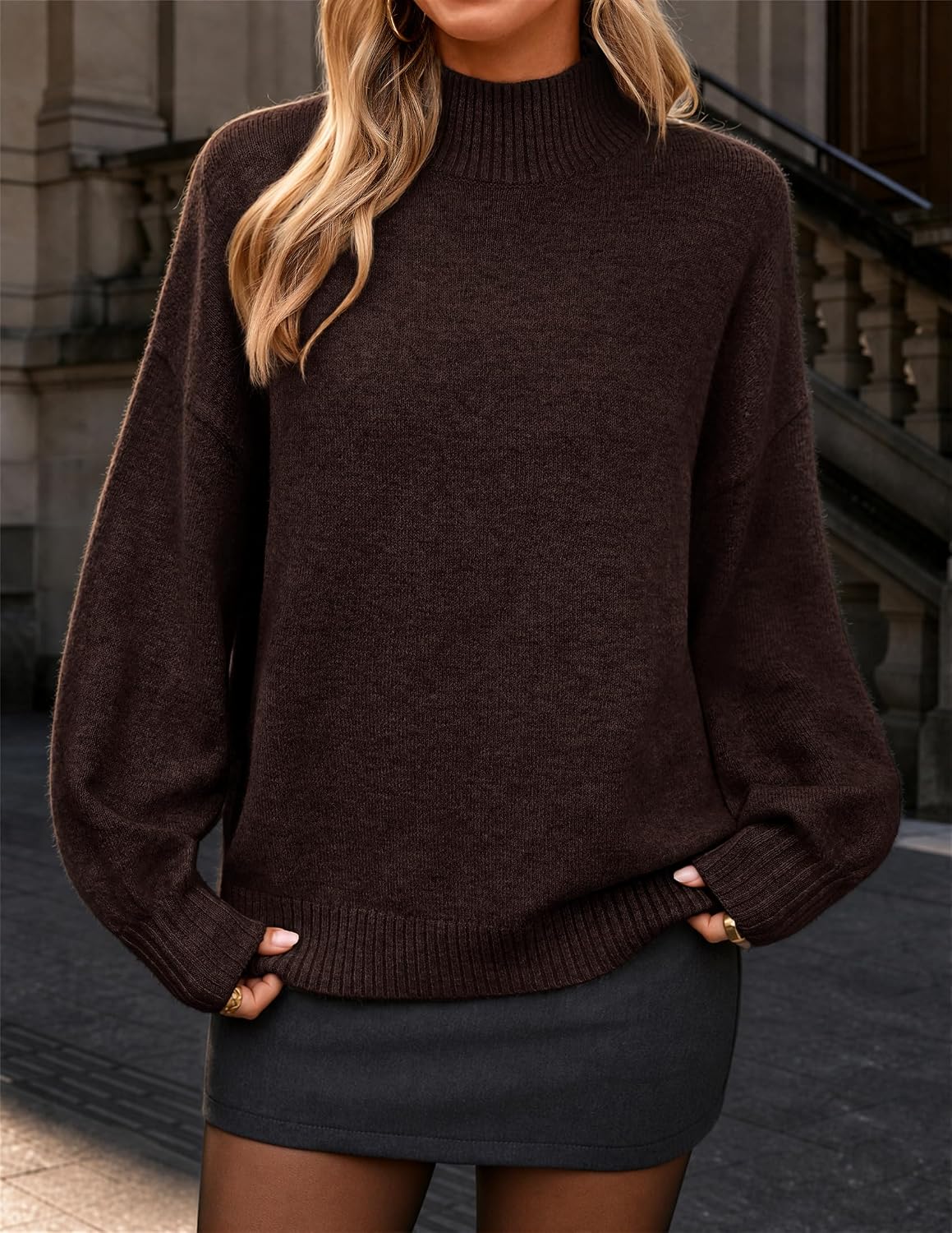 Women's Fall Winter Long Sleeve Turtleneck Oversized Sweaters Coffee | Work Casual Sweater. Lantern Sleeve.