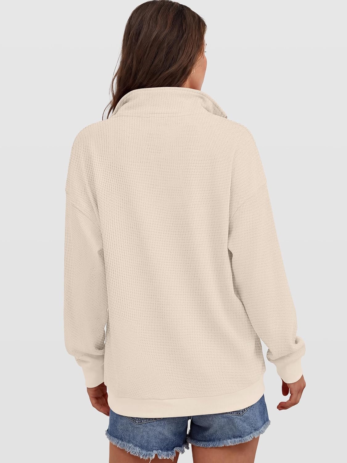 Women Waffle Knit Henley Pullover Tops Beige | Lightweight Comfy Soft Fall Outfits. Long Sleeve Loose Stand Collar Half Button.