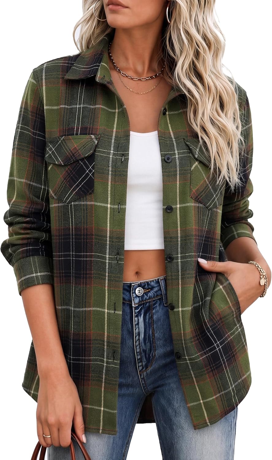 Women's Flannel Shirts Plaid Shacket Cotton Fall Tops with Pockets | Cotton Blend Plaid Material Loose Baggy Shacket Shirt Design 90s Vintage Style Festival Looks