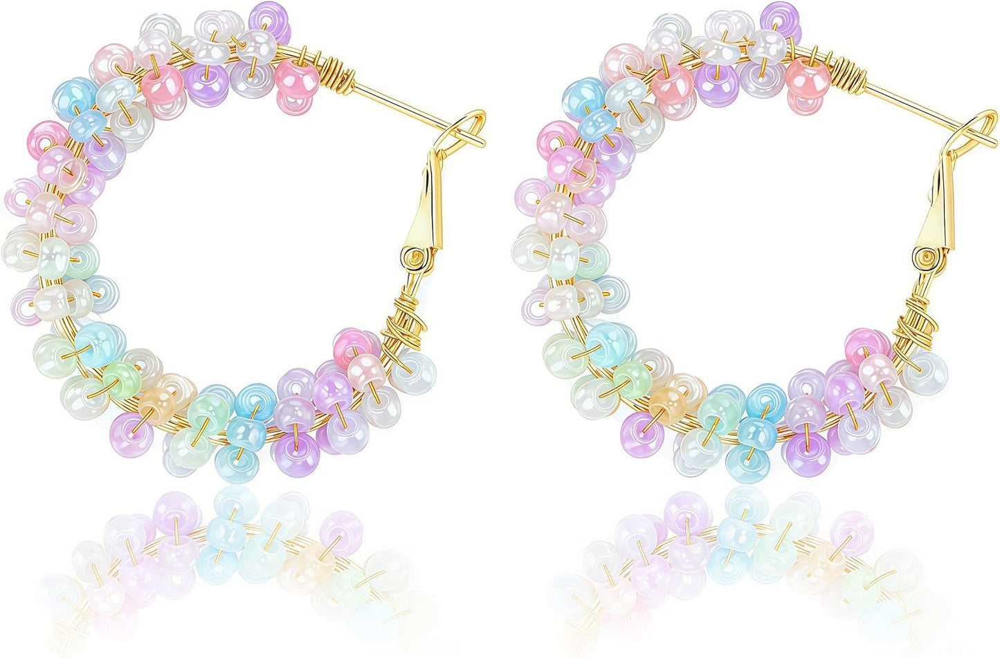 Colorful Beaded Hoop Earrings for Women. Handmade Style Boho Jewelry (Orange)