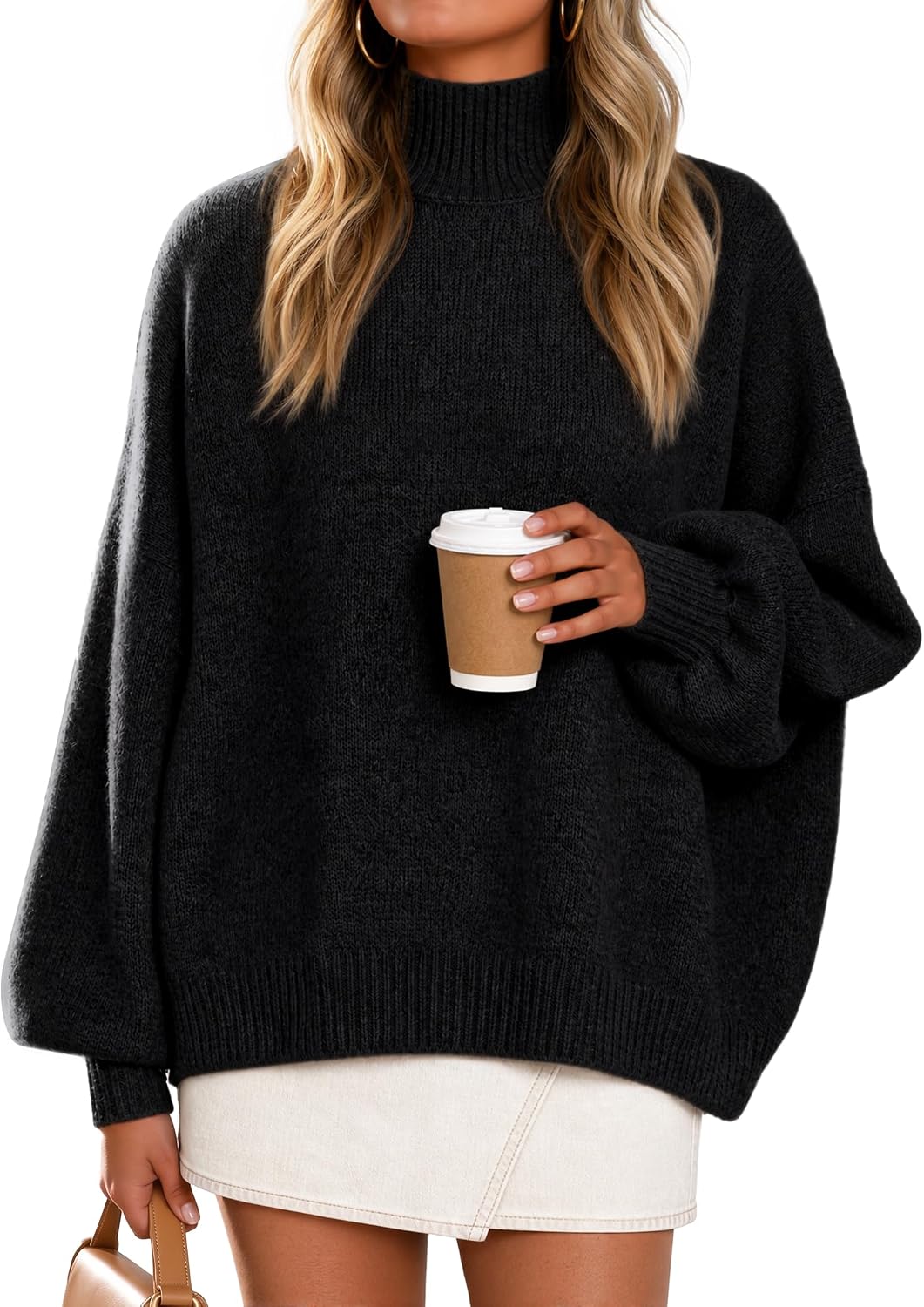 Women's Fall Winter Long Sleeve Turtleneck Oversized Sweaters Coffee | Work Casual Sweater. Lantern Sleeve.
