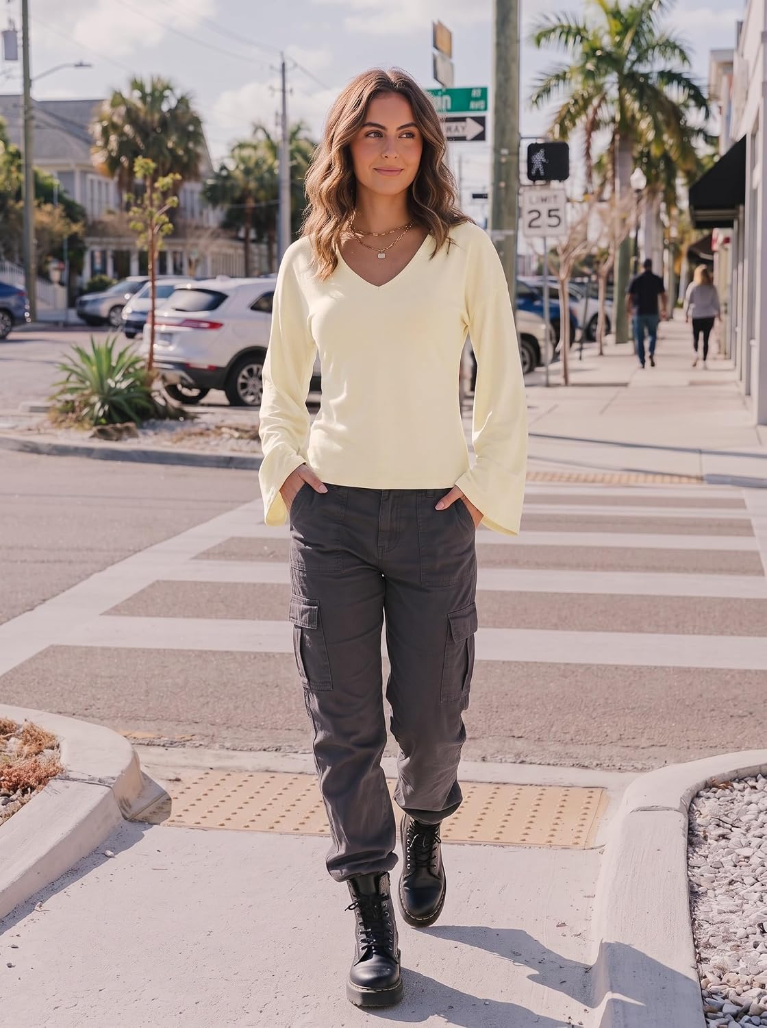 Women Dressy Casual 2026 Basic Fall Shirts Cute Tops | Long Bell Sleeve Trendy Tees V Neck