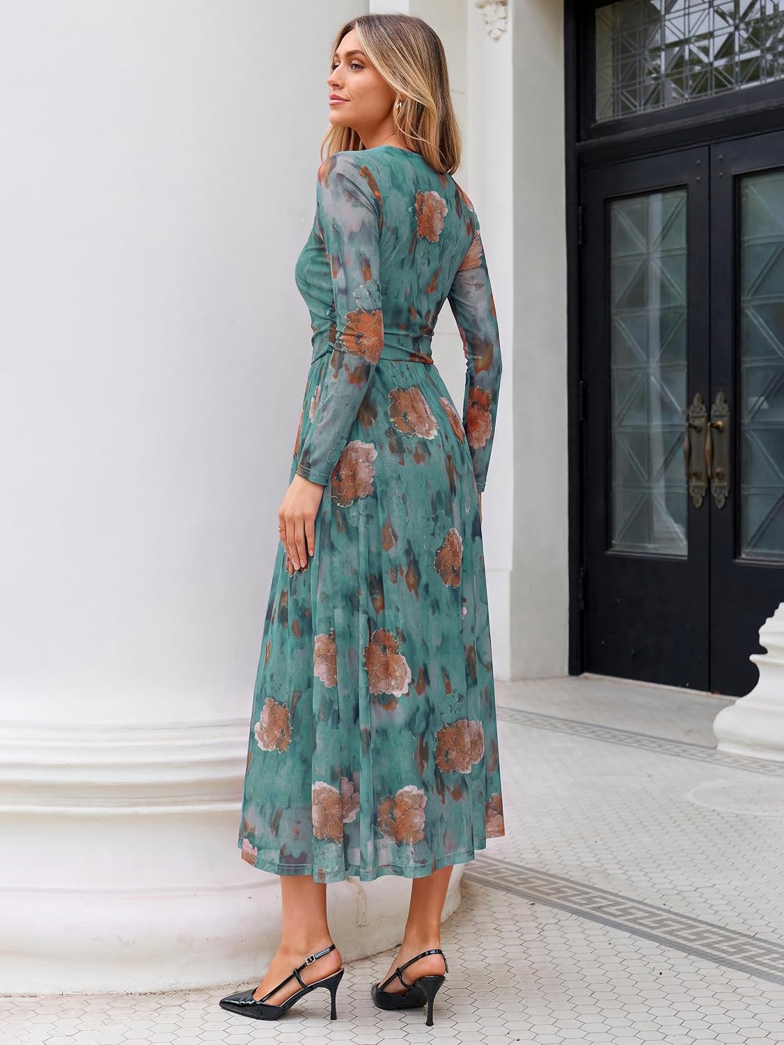 Womens Fall Floral Long Sleeve Cocktail Wedding Guest Maxi Dress | Elegant Semi Formal. Winter Holiday Party. A Line Flowy. Boho Long Dress. Ruched High Waist.