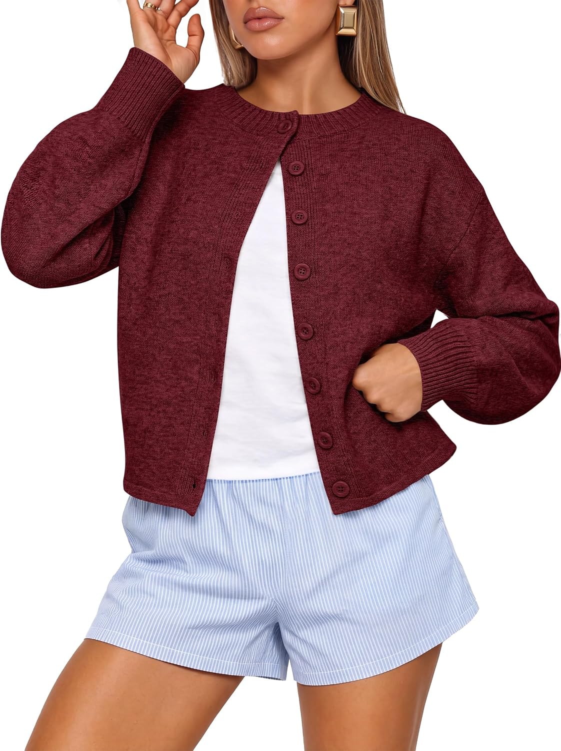 Women Loose Fit Button Down Puff Sleeve | Waist Length.Mid-Weight.Soft Cozy Knit Sweater.Long Sleeve Button Up Fall Outfits.Casual Relaxed Fit.