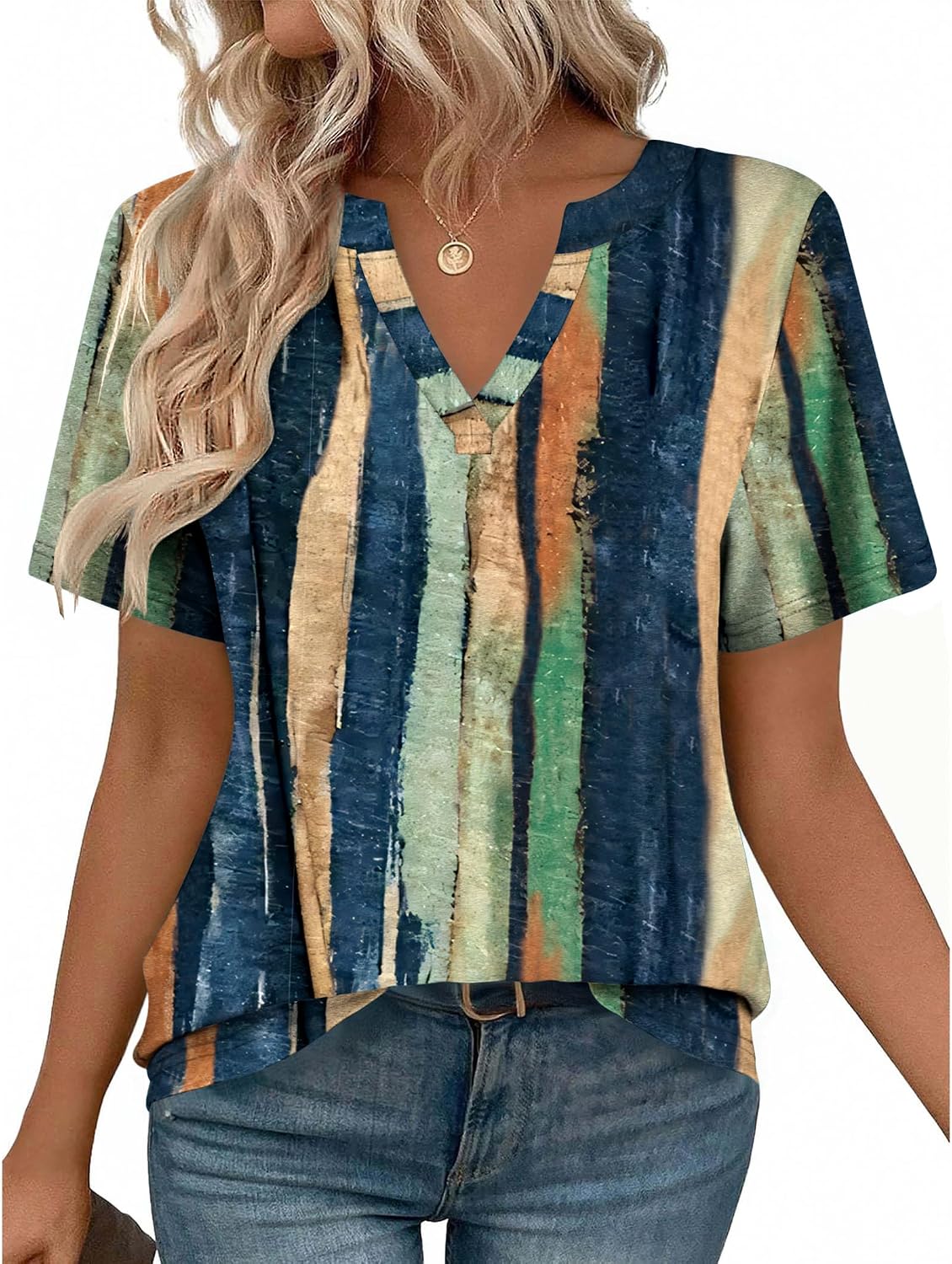 Women V Neck Cute Rolled Short Sleeve Shirts Boho