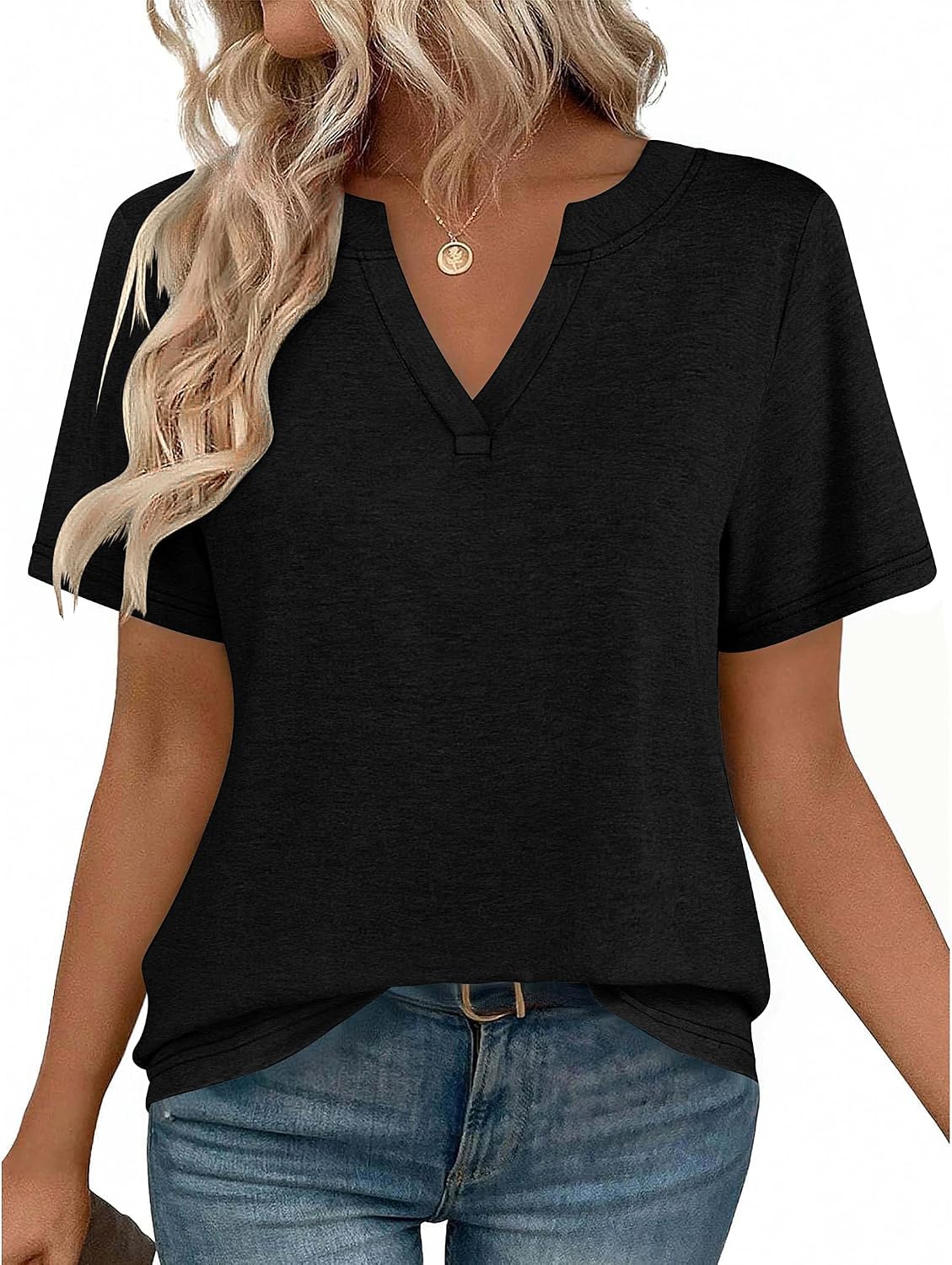 Women V Neck Cute Rolled Short Sleeve Shirts Boho