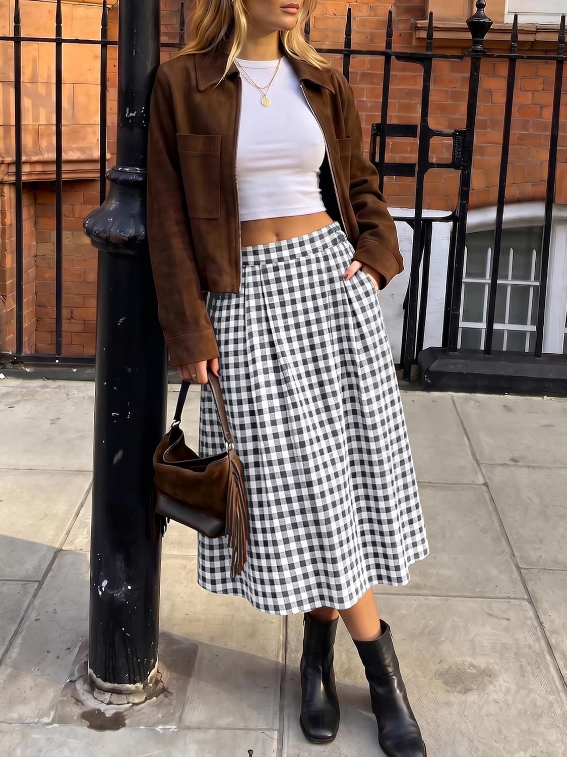 Gingham Skirt Women Midi Length A Line High Waist Skirts | Black White Plaid. Trendy Flowy Skirt with Pocket. Pleated Skirts for Wedding Vacation. Business Casual.
