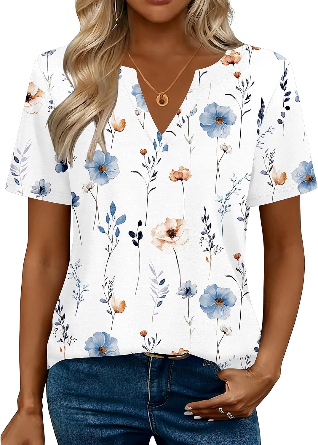 Women V Neck Cute Rolled Short Sleeve Shirts Boho