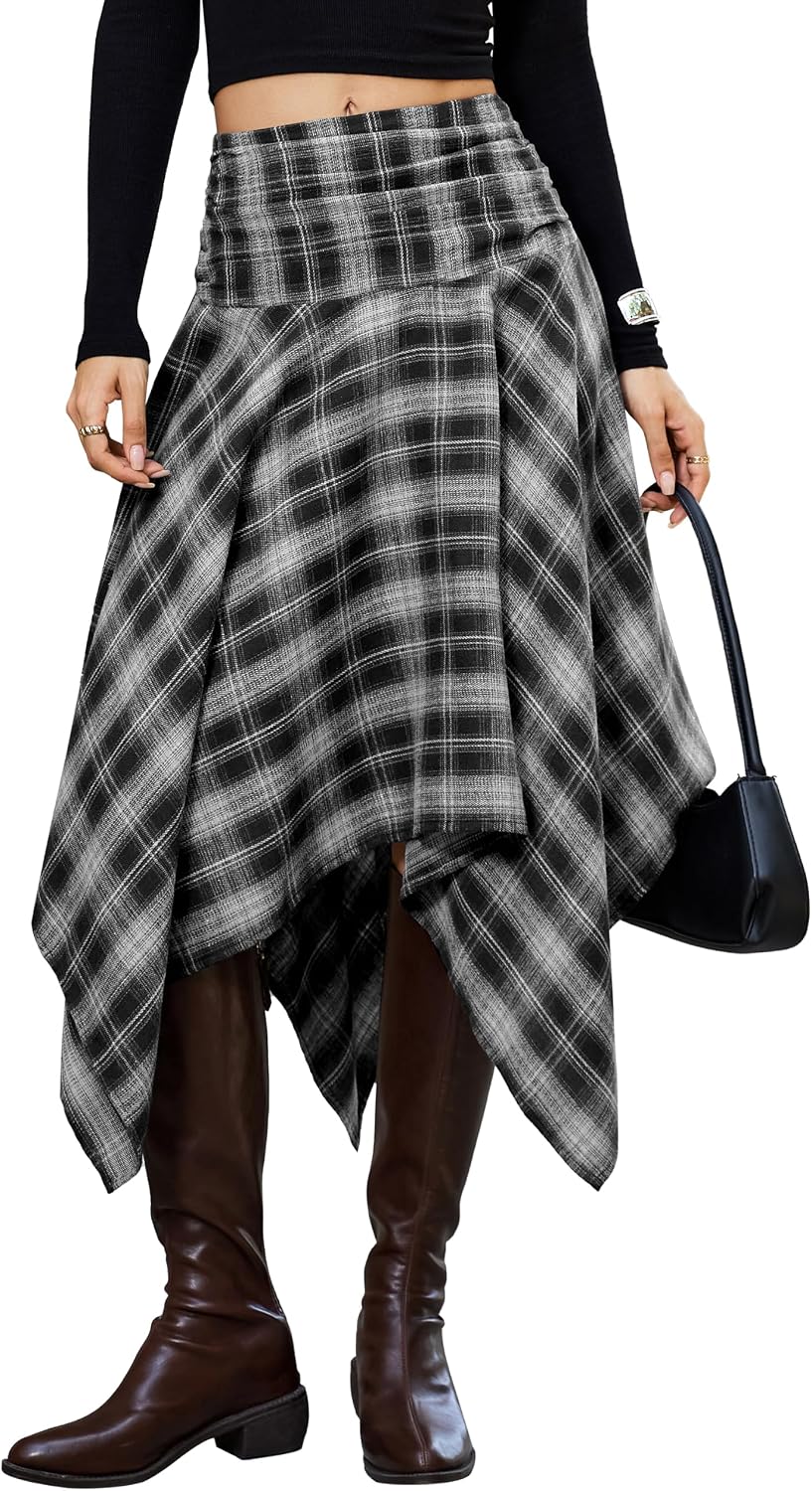 Women Asymmetrical Plaid Midi Skirt Y2k Handkerchief Fall Skirt | High Waist Long Flowy Skirt Vintage Western outfits for Concert.Festival.Casual