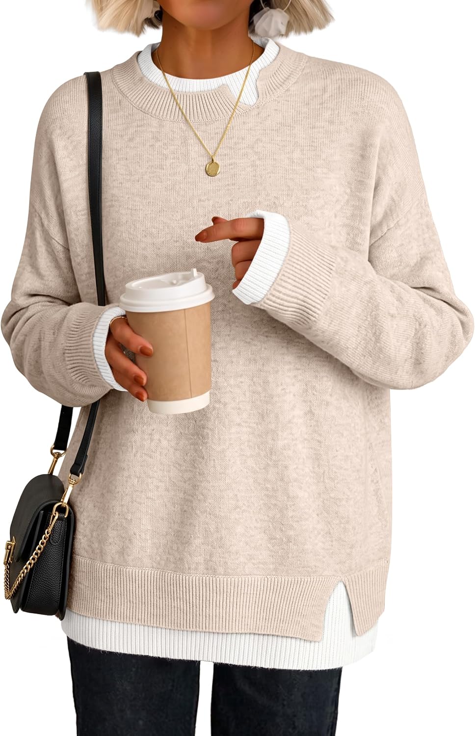 Cozy Knit Teacher School Outfits for Women.Faux Layered Ribbed Trim.Long Sleeve Drop Shoulder