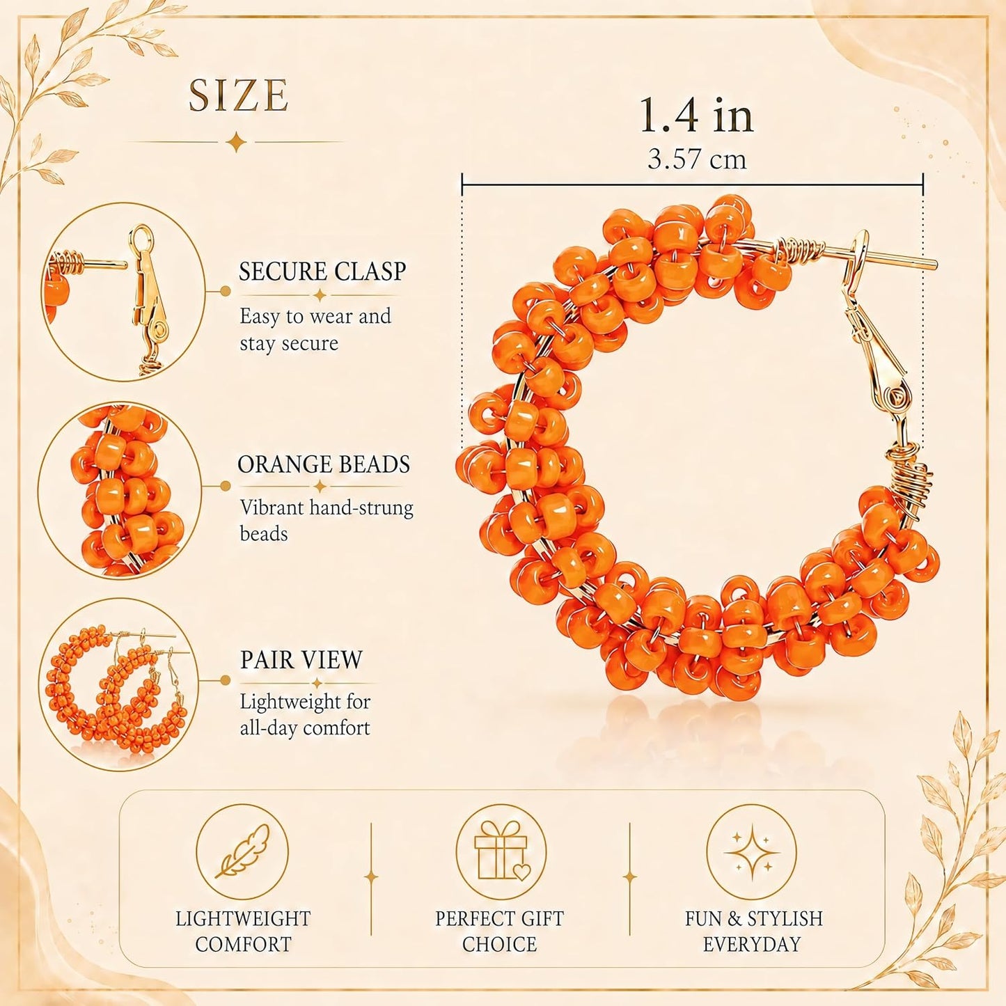 Colorful Beaded Hoop Earrings for Women. Handmade Style Boho Jewelry (Orange)