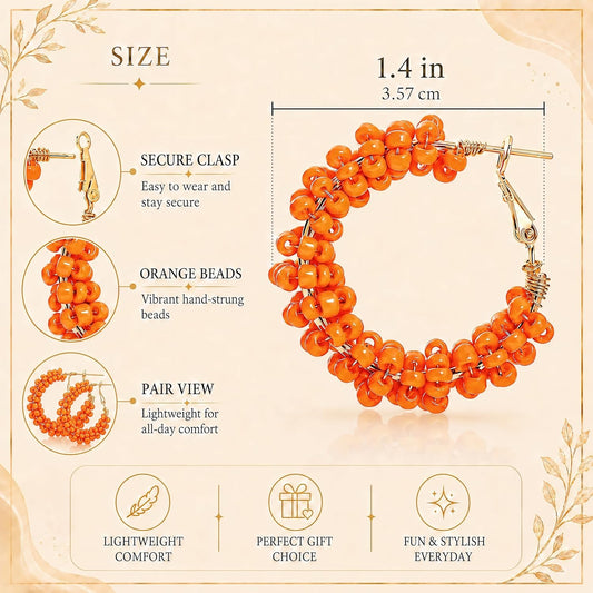Colorful Beaded Hoop Earrings for Women. Handmade Style Boho Jewelry (Orange)