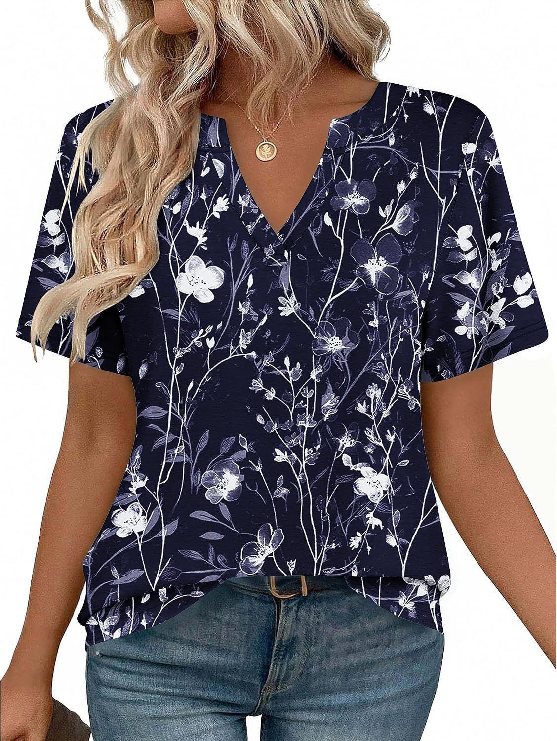 Women V Neck Cute Rolled Short Sleeve Shirts Boho