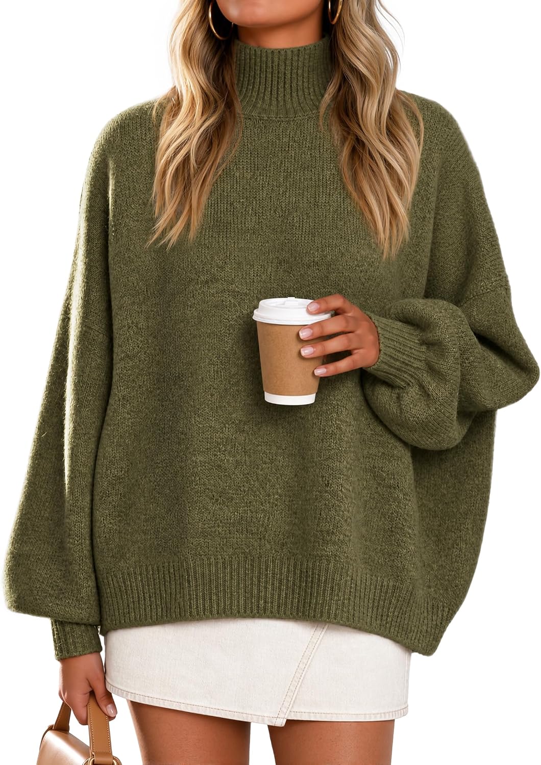 Women's Fall Winter Long Sleeve Turtleneck Oversized Sweaters Coffee | Work Casual Sweater. Lantern Sleeve.