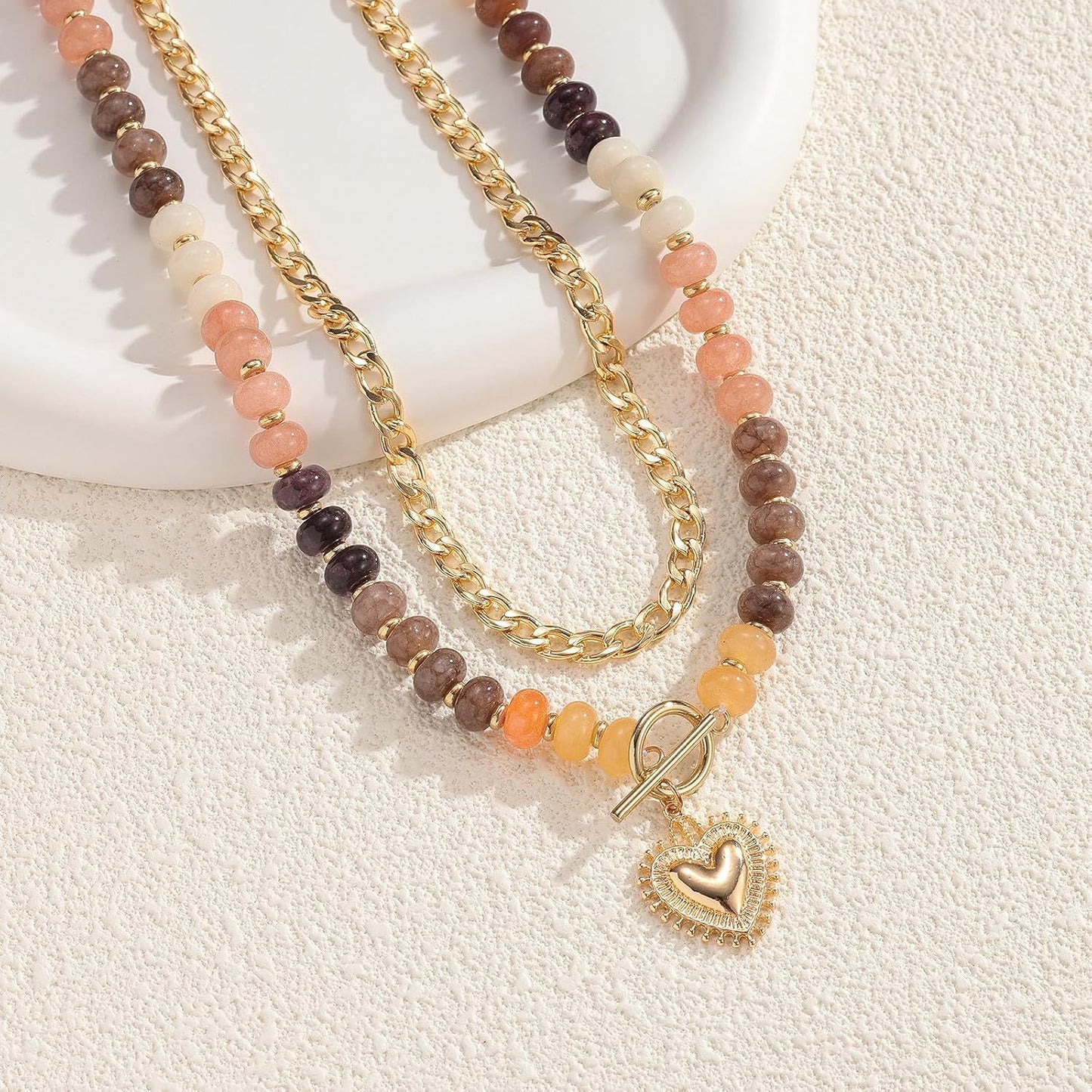 Trendy Statement Stack Necklace. Boho Beach Jewelry Gift with Heart Charm. Stone bead. Gold Pendant and Toggle Clasp