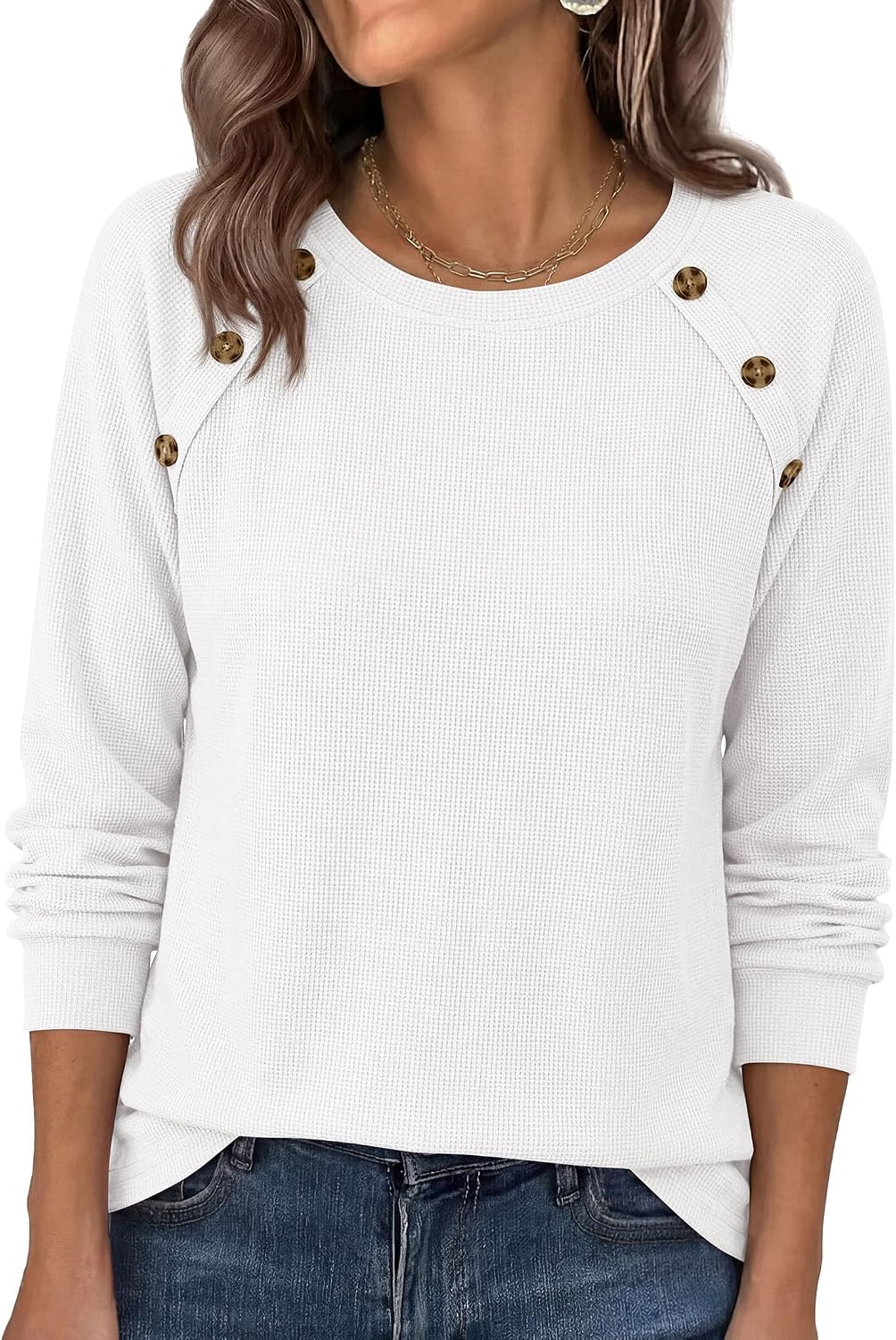Soft Stretchy Tops. Casual Crew Neck. Raglan Sleeves with Deco Buttons. Loose Fit Tunics.