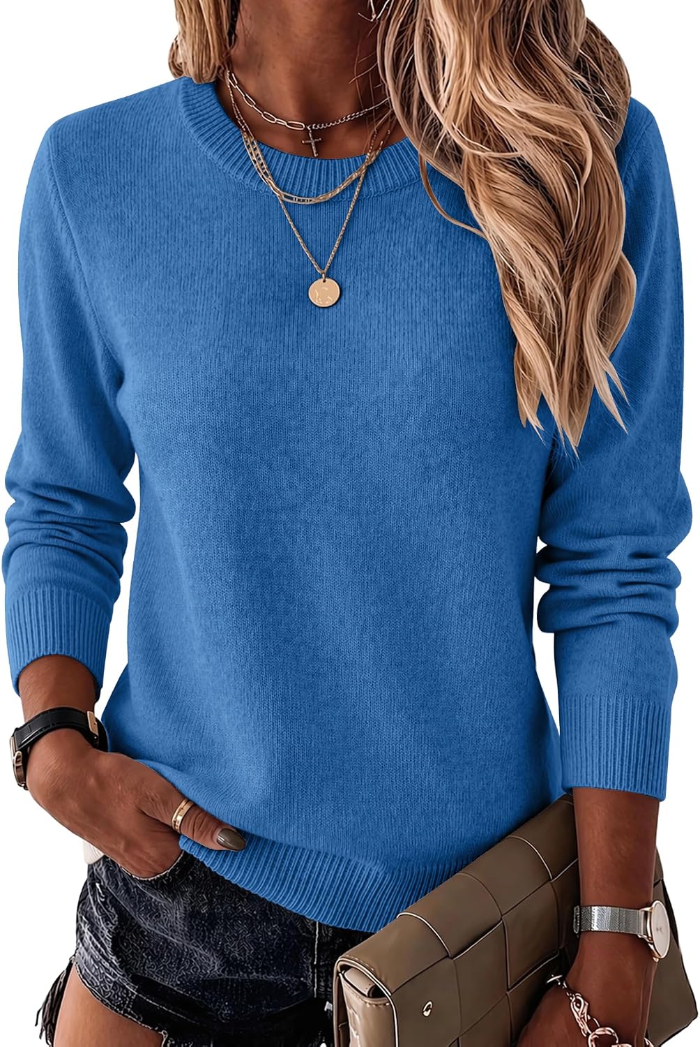 Womens Wool Blend Crewneck Sweater Long Sleeve Soft Knit Pullover Lightweight Business Casual Black Fashion Clothing