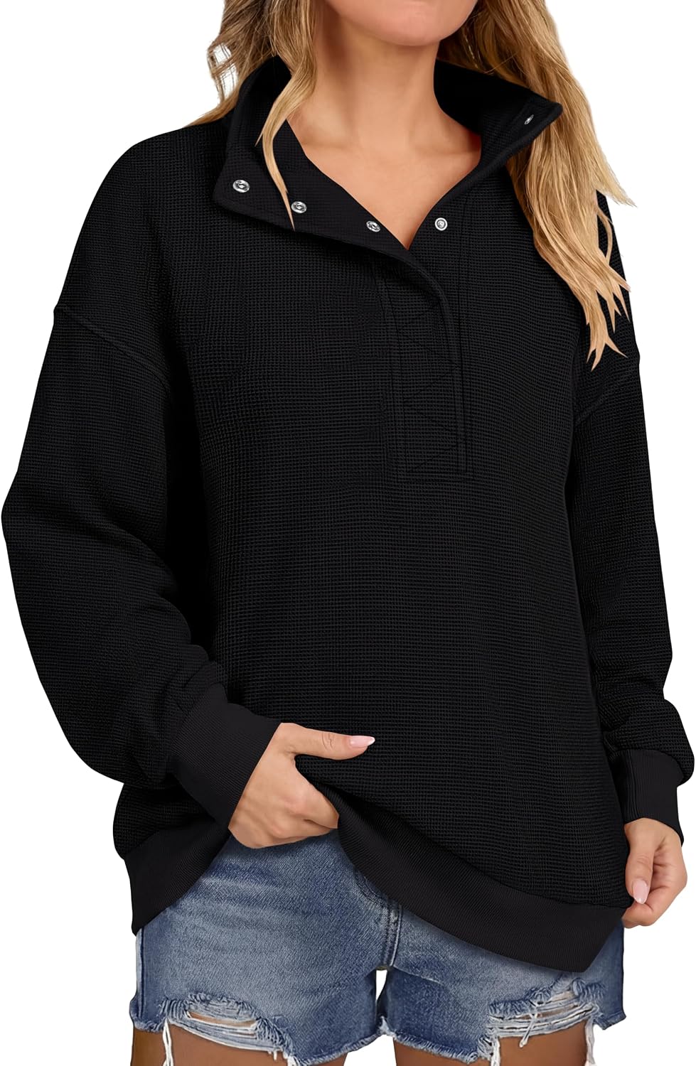 Women Waffle Knit Henley Pullover Tops Beige | Lightweight Comfy Soft Fall Outfits. Long Sleeve Loose Stand Collar Half Button.