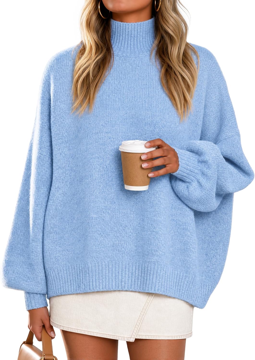 Women's Fall Winter Long Sleeve Turtleneck Oversized Sweaters Coffee | Work Casual Sweater. Lantern Sleeve.