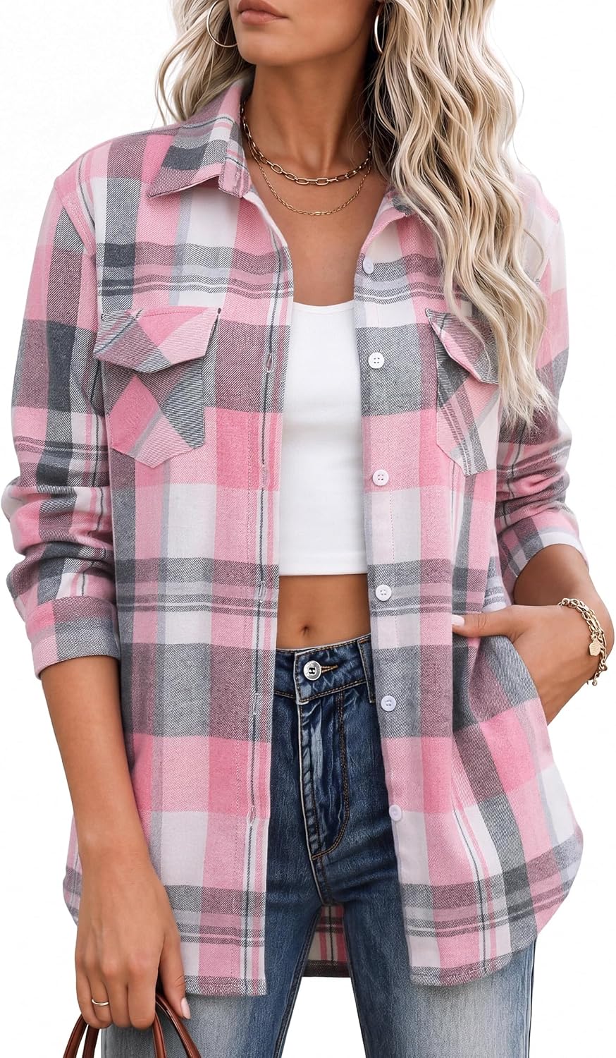 Women's Flannel Shirts Plaid Shacket Cotton Fall Tops with Pockets | Cotton Blend Plaid Material Loose Baggy Shacket Shirt Design 90s Vintage Style Festival Looks