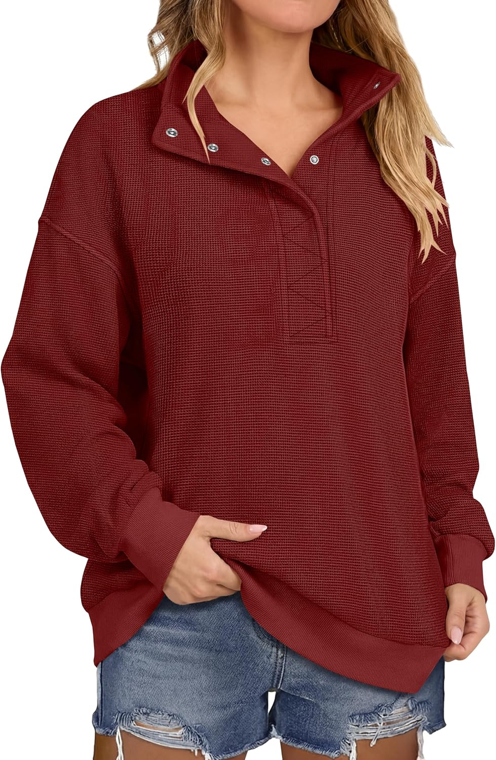 Women Waffle Knit Henley Pullover Tops Beige | Lightweight Comfy Soft Fall Outfits. Long Sleeve Loose Stand Collar Half Button.