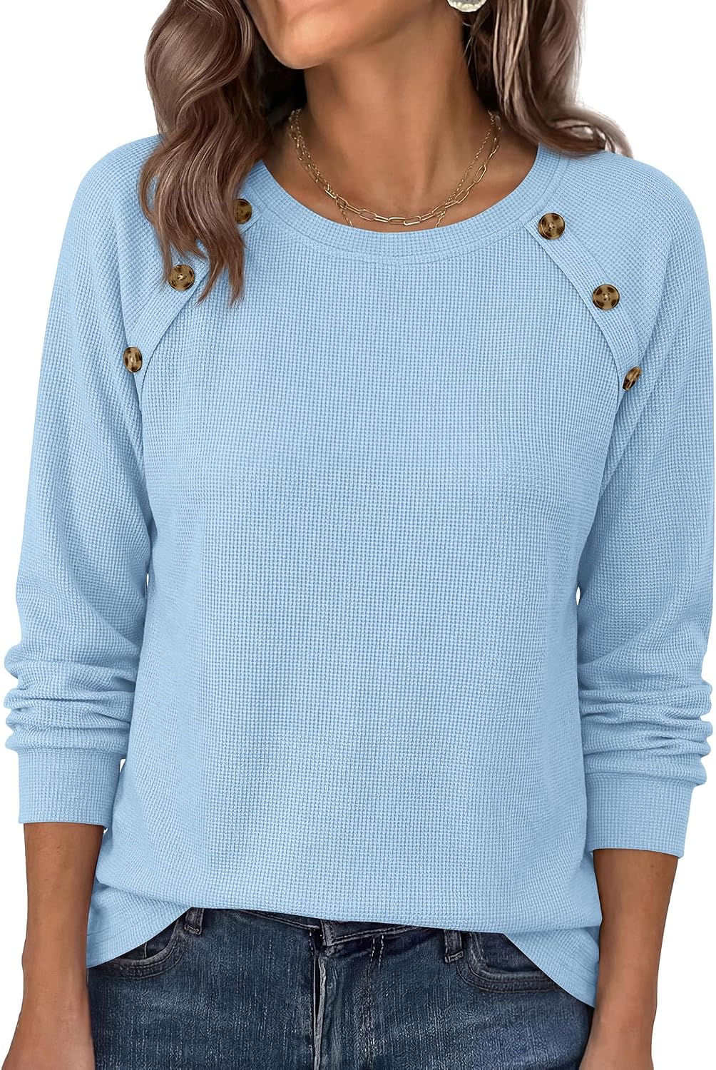 Soft Stretchy Tops. Casual Crew Neck. Raglan Sleeves with Deco Buttons. Loose Fit Tunics.