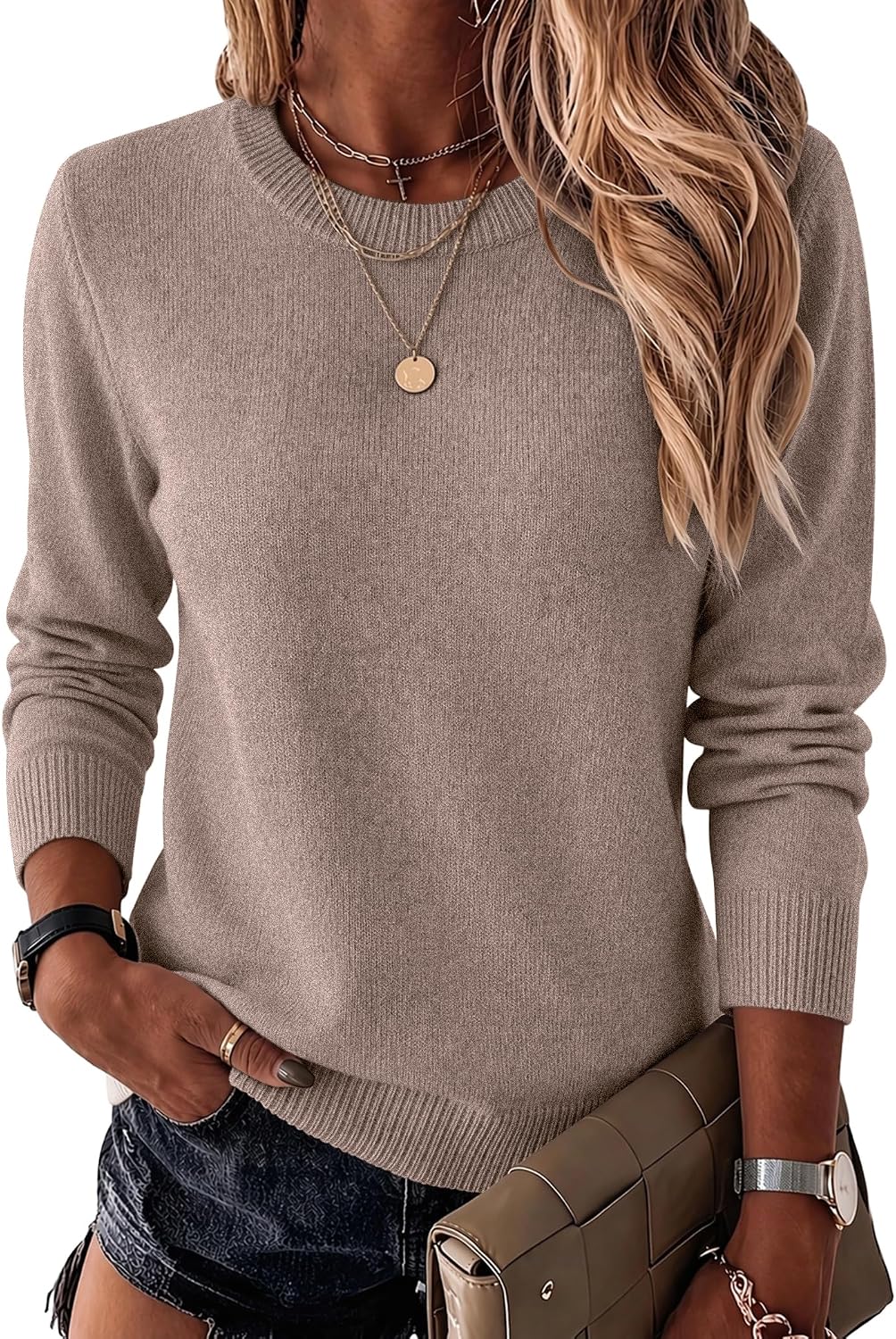 Womens Wool Blend Crewneck Sweater Long Sleeve Soft Knit Pullover Lightweight Business Casual Black Fashion Clothing
