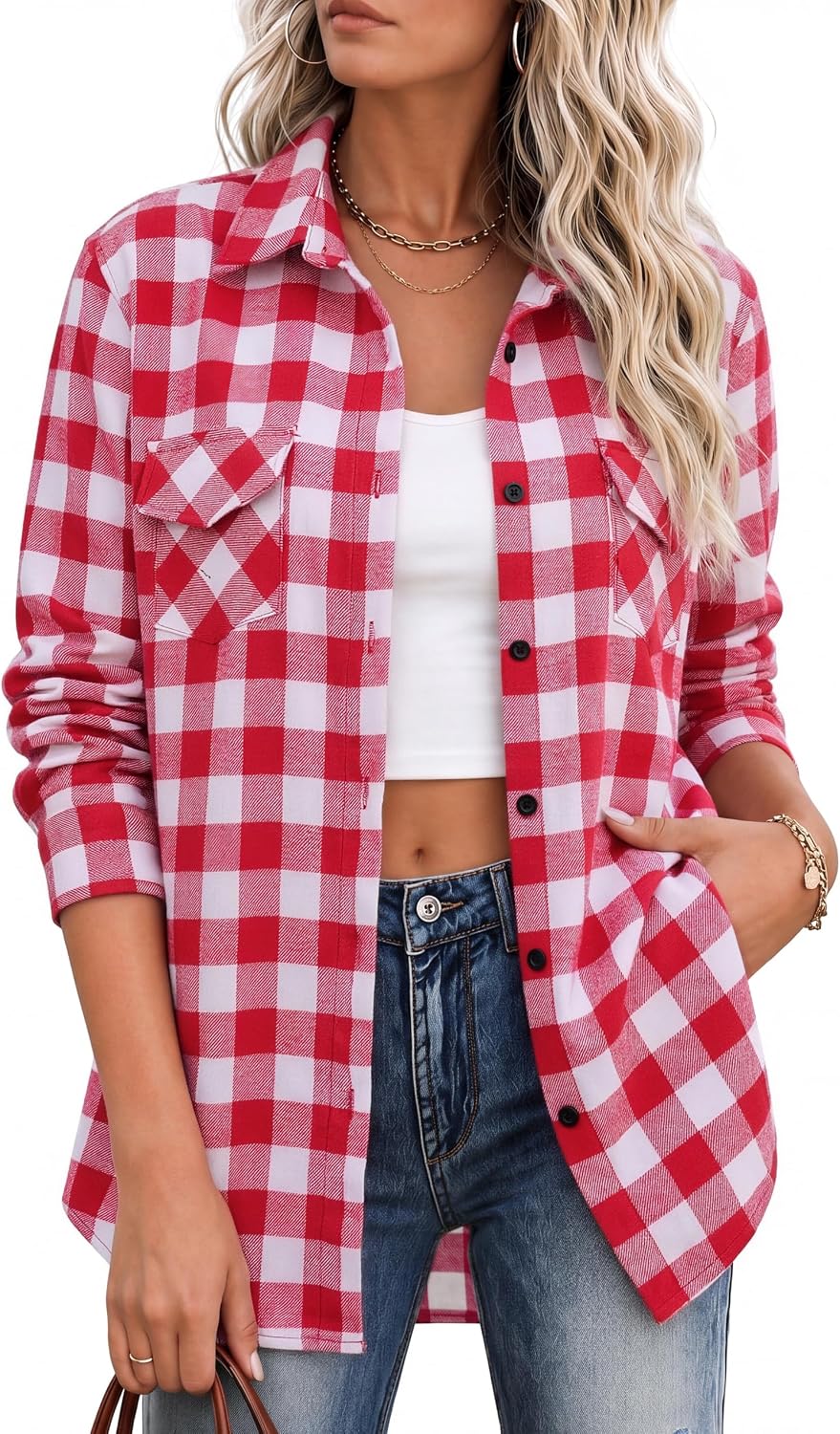 Women's Flannel Shirts Plaid Shacket Cotton Fall Tops with Pockets | Cotton Blend Plaid Material Loose Baggy Shacket Shirt Design 90s Vintage Style Festival Looks