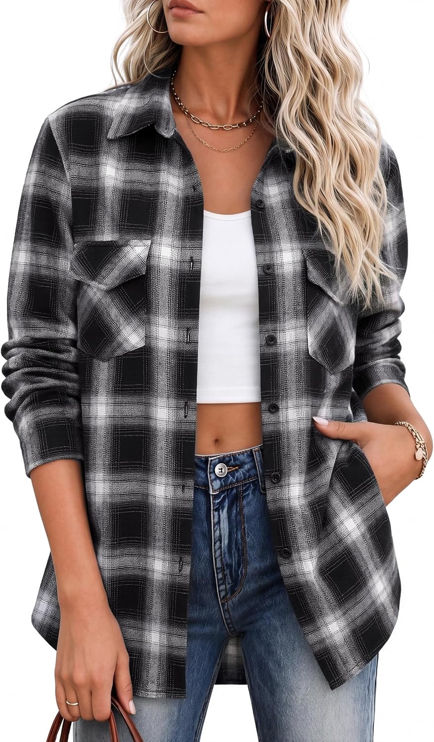 Women's Flannel Shirts Plaid Shacket Cotton Fall Tops with Pockets | Cotton Blend Plaid Material Loose Baggy Shacket Shirt Design 90s Vintage Style Festival Looks