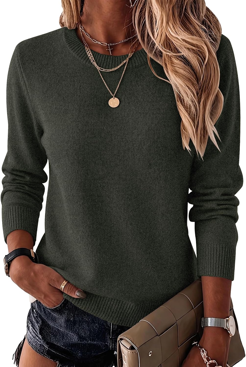 Womens Wool Blend Crewneck Sweater Long Sleeve Soft Knit Pullover Lightweight Business Casual Black Fashion Clothing