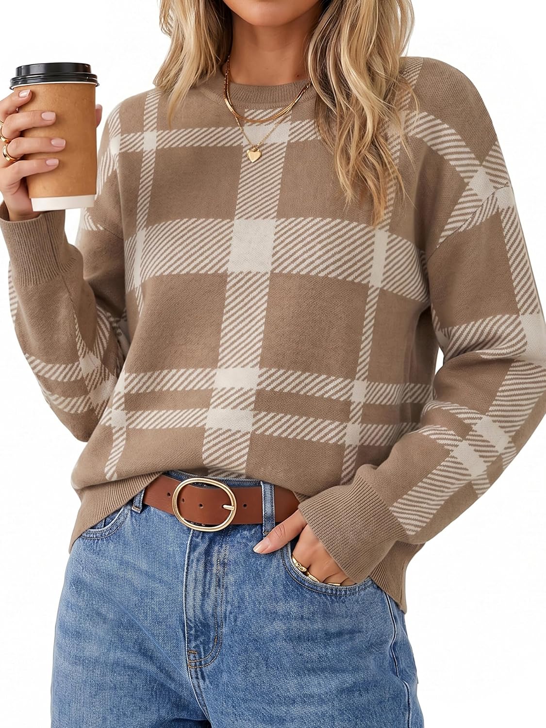 Women's Wool Blend Relaxed Fit Crew Neck Long Sleeve Trendy Sweaters Fall Winter Polka Dot Beige
