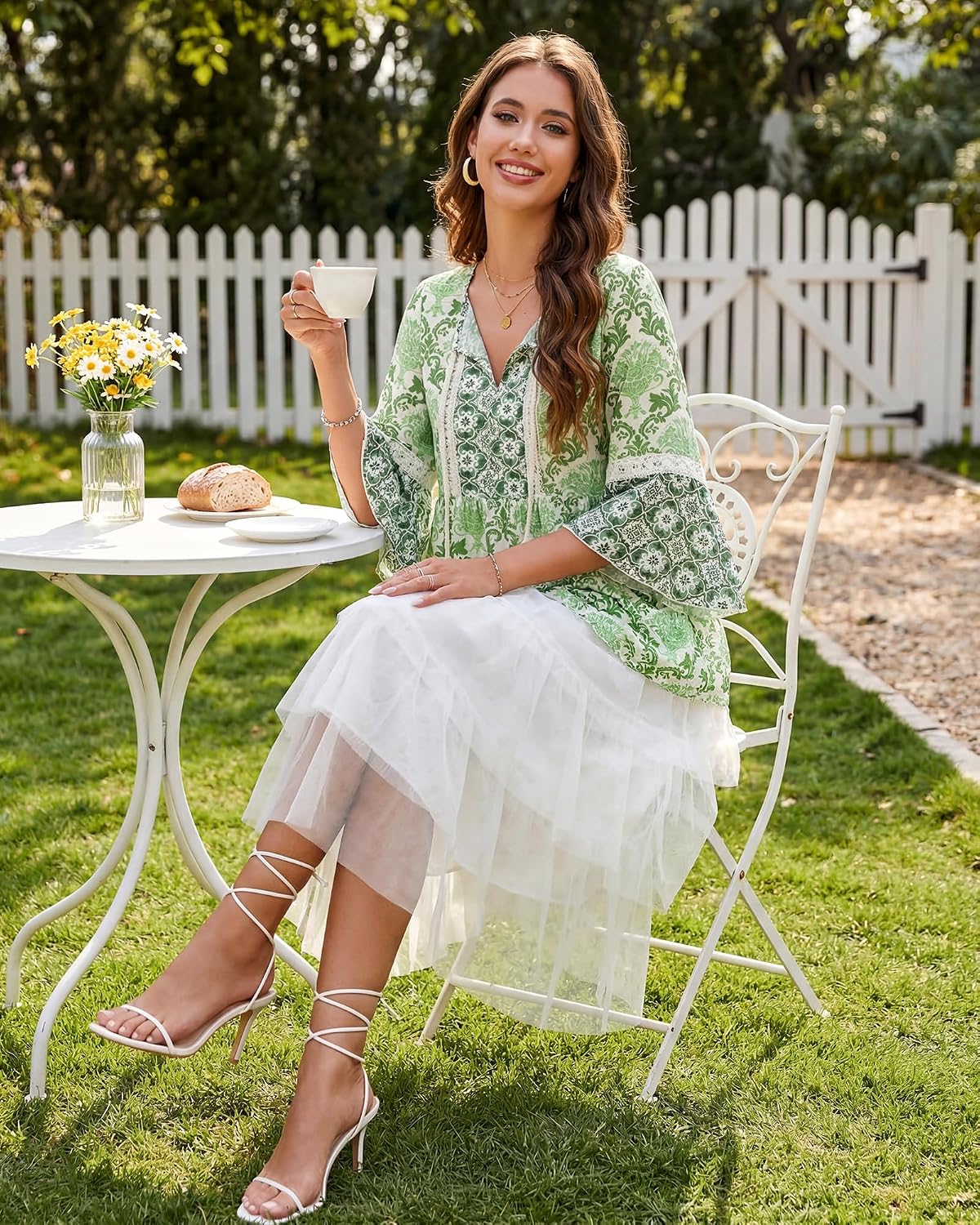 Vacation Outfits Boho Tops Peasant Blouses Green L | 3/4 Sleeve Tops Flowy Tunic Tops Summer Clothes Casual Beach Cruise Resort Wear Green